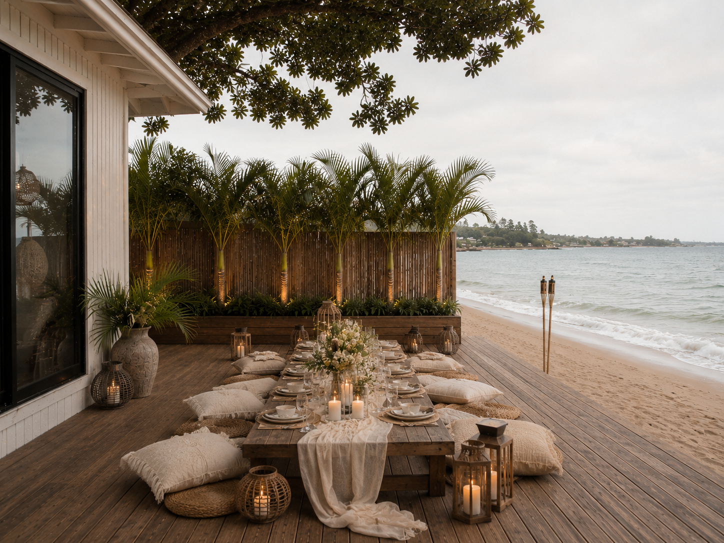 Beachside outdoor dining setup with a long wooden table decorated with white flowers, candles, and tableware. Floor cushions surround the table. In the background, beach, ocean waves, and coastal landscape are visible. Potted plants and lanterns add to the ambiance.
