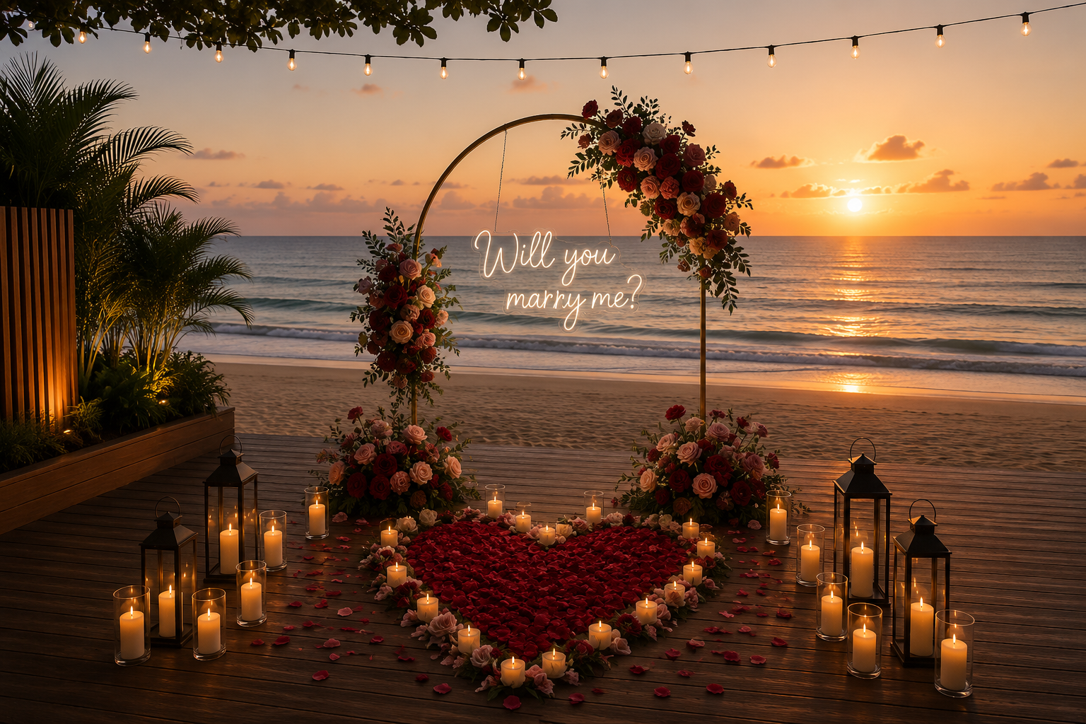 Beachside wedding arch with pink and red flowers, candles, and a neon sign asking