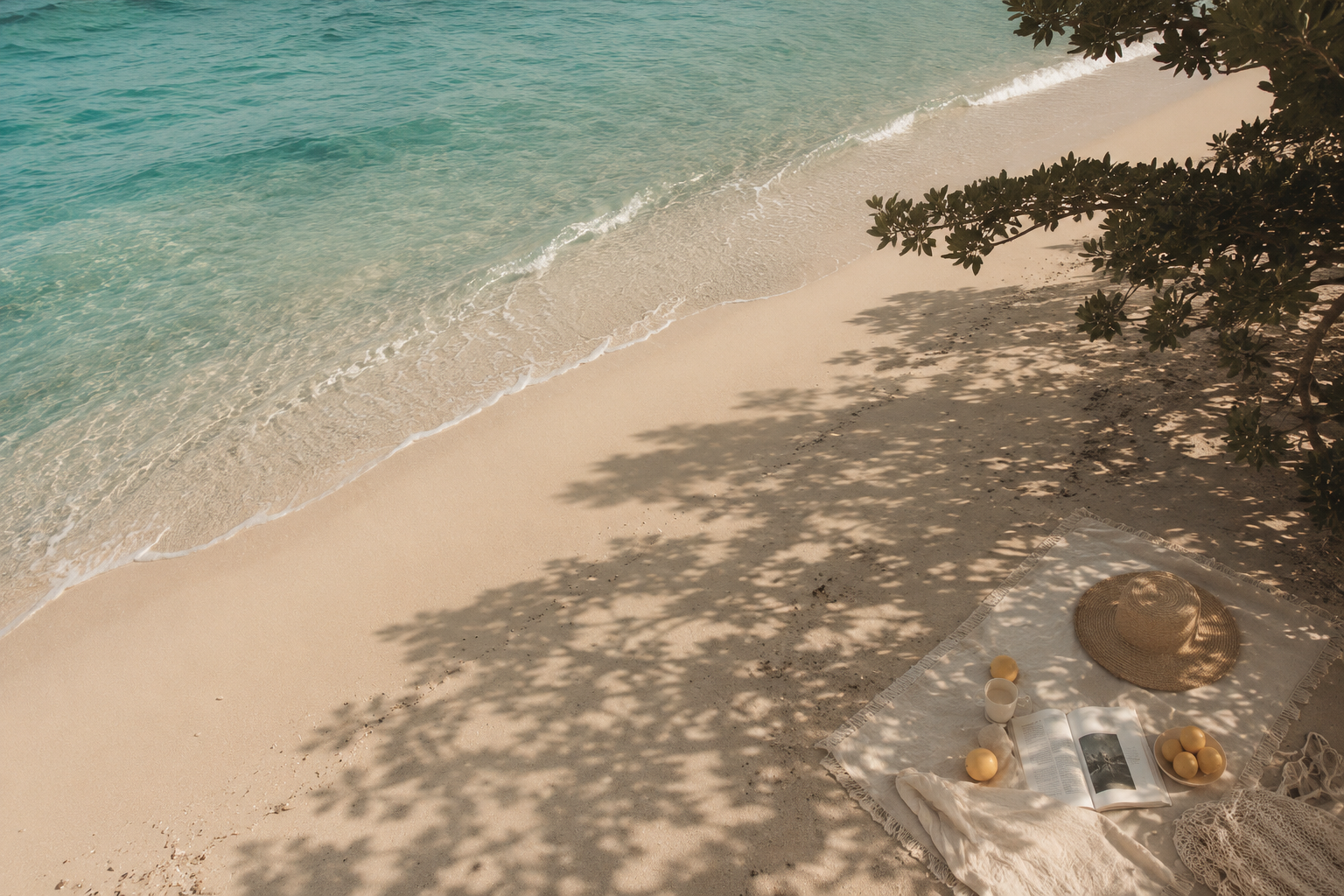 A peaceful beach scene with turquoise water gently lapping onto a sandy shore. There is a white blanket with a straw sunhat, an open book, and several yellow balls or lemons, shaded by tree branches.