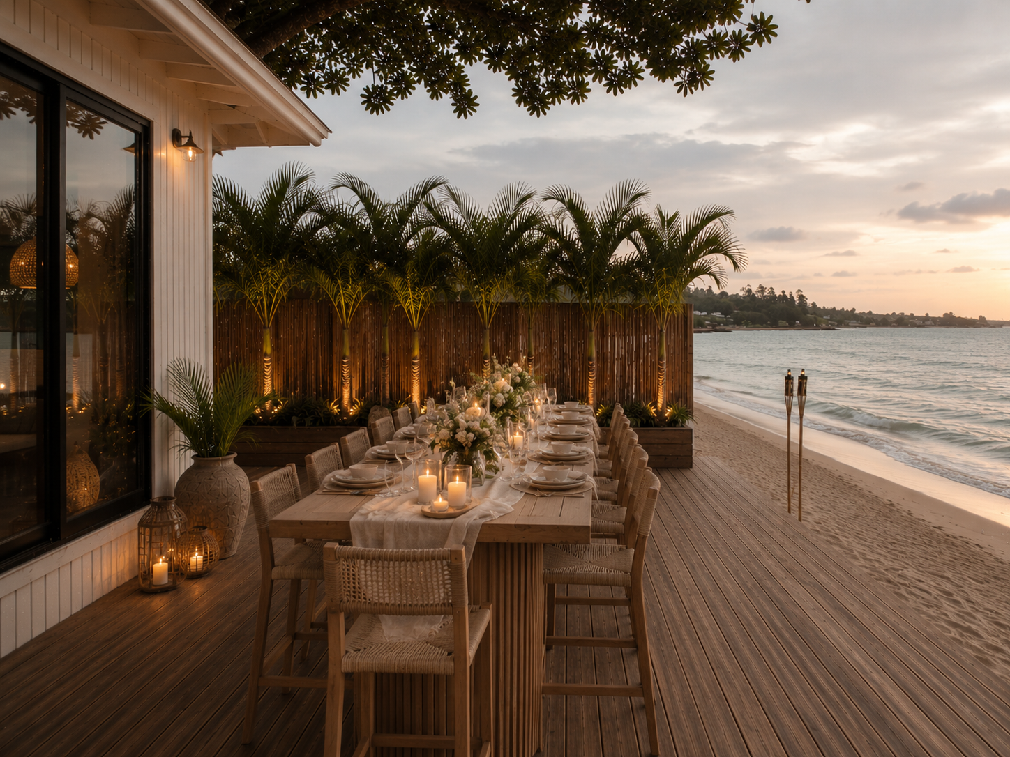 A beautifully decorated outdoor dining area on a wooden deck beside the beach at sunset. The table is set with white dinnerware, glassware, candles, and floral centerpieces, surrounded by wicker chairs. Bamboo plants and warm lighting enhance the tropical ambiance.