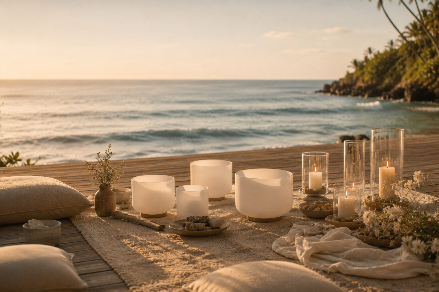 Beachside outdoor setting with candles, pillows, and decorative objects on a wooden surface during sunset.