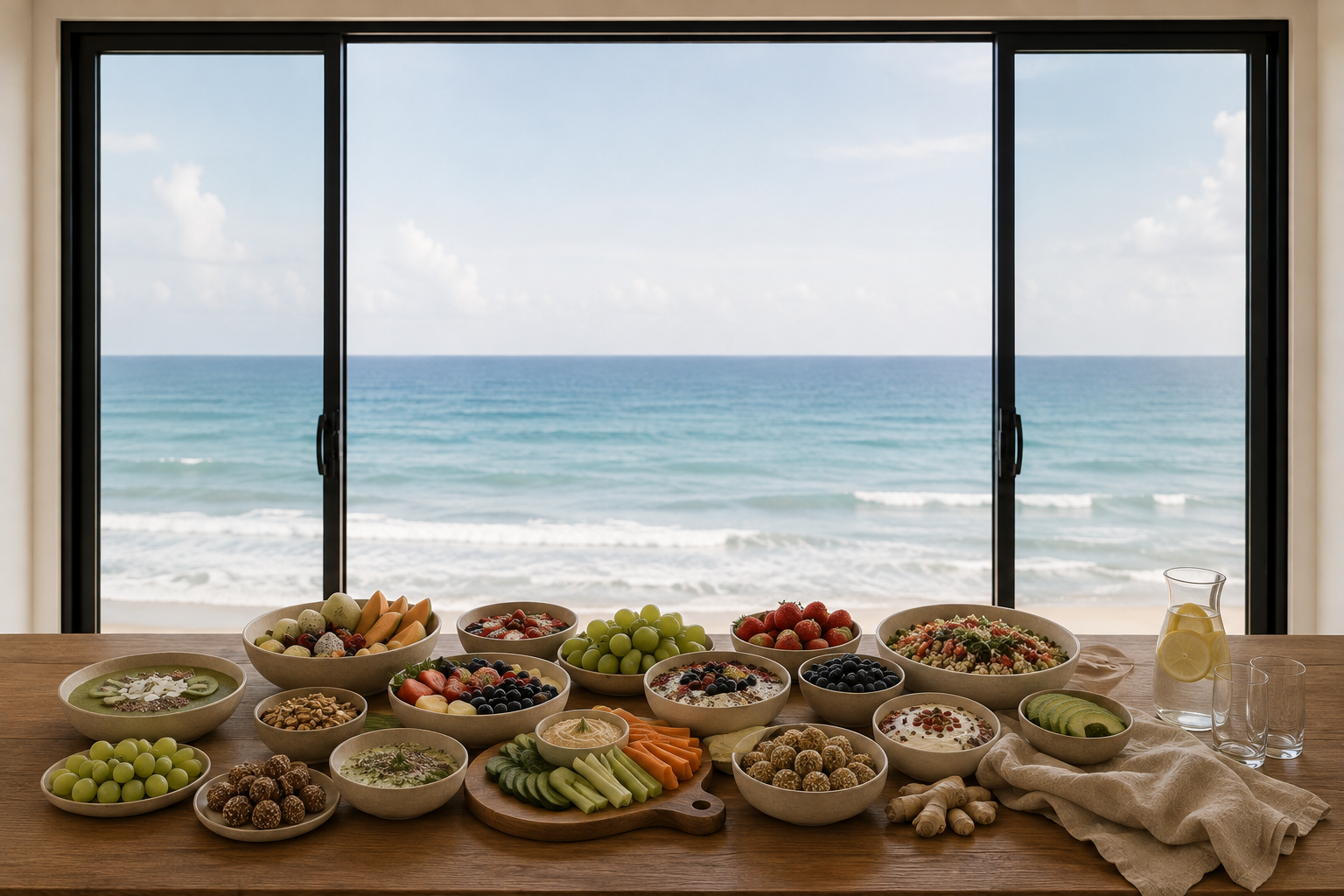 Breakfast spread with various bowls of fruit, yogurt, and snacks on a wooden table facing the beach and ocean through a large sliding glass door.