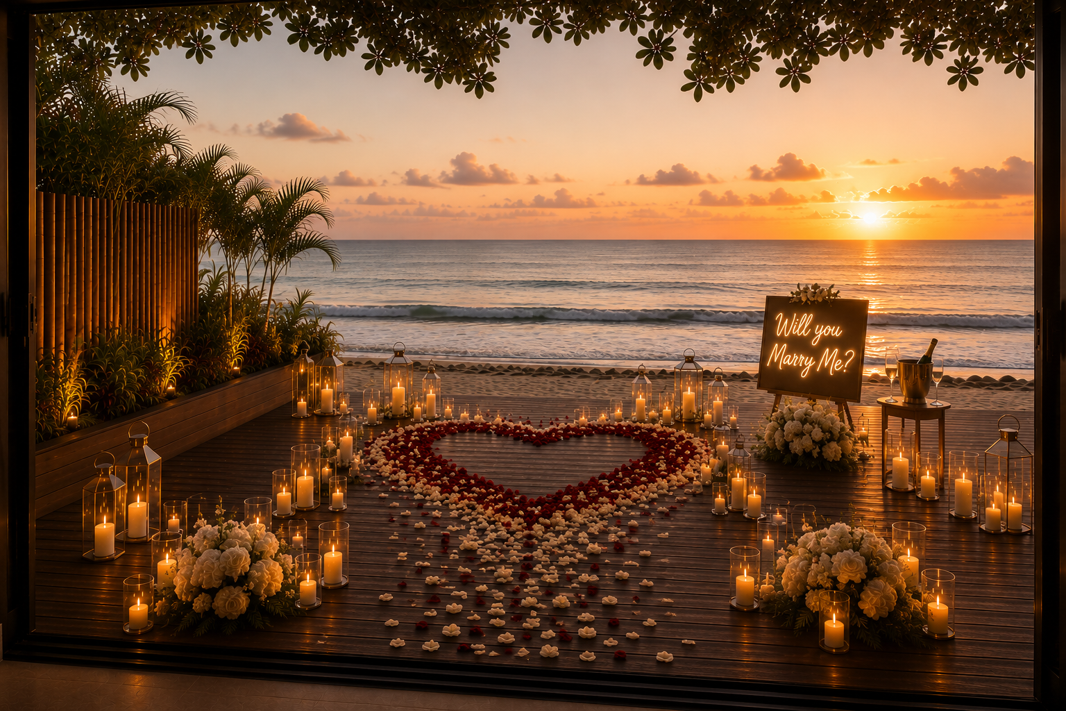 A romantic beach setting at sunset with a heart-shaped arrangement of white and red flowers on a wooden deck, surrounded by lit candles in glass holders and lanterns. There are floral arrangements and a sign that reads 'Will you Marry Me?' next to a champagne bucket and glasses, with the ocean and sunset in the background.