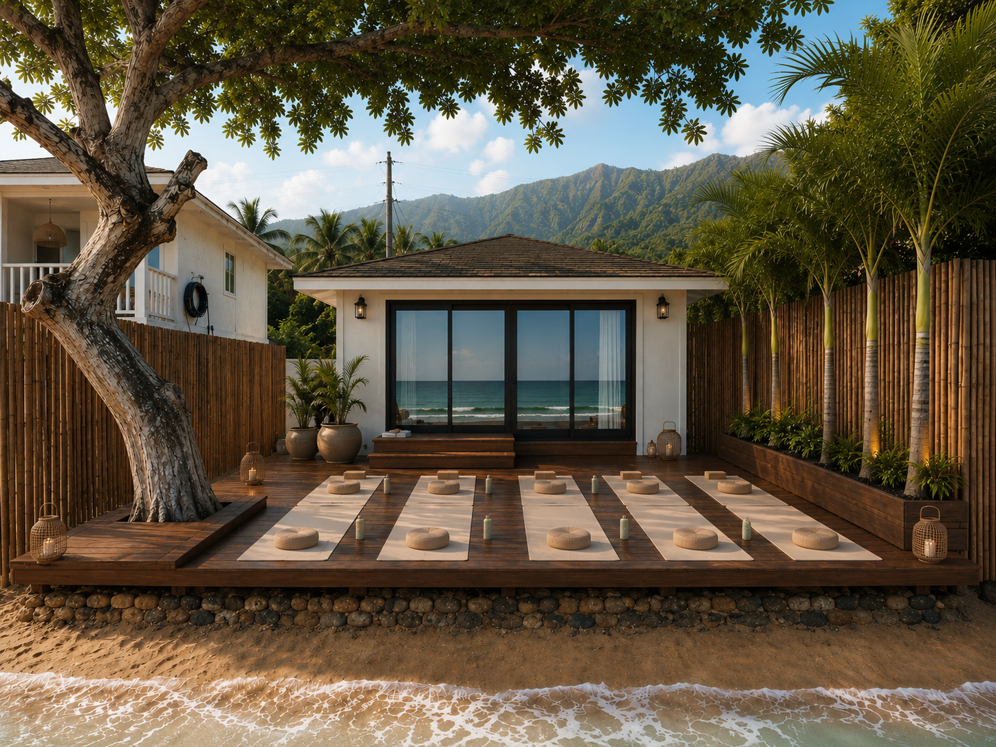 Beachside outdoor yoga setup with seven mats, pillows, and candles on a wooden deck facing the ocean, surrounded by trees and fencing, with mountains and blue sky in the background.