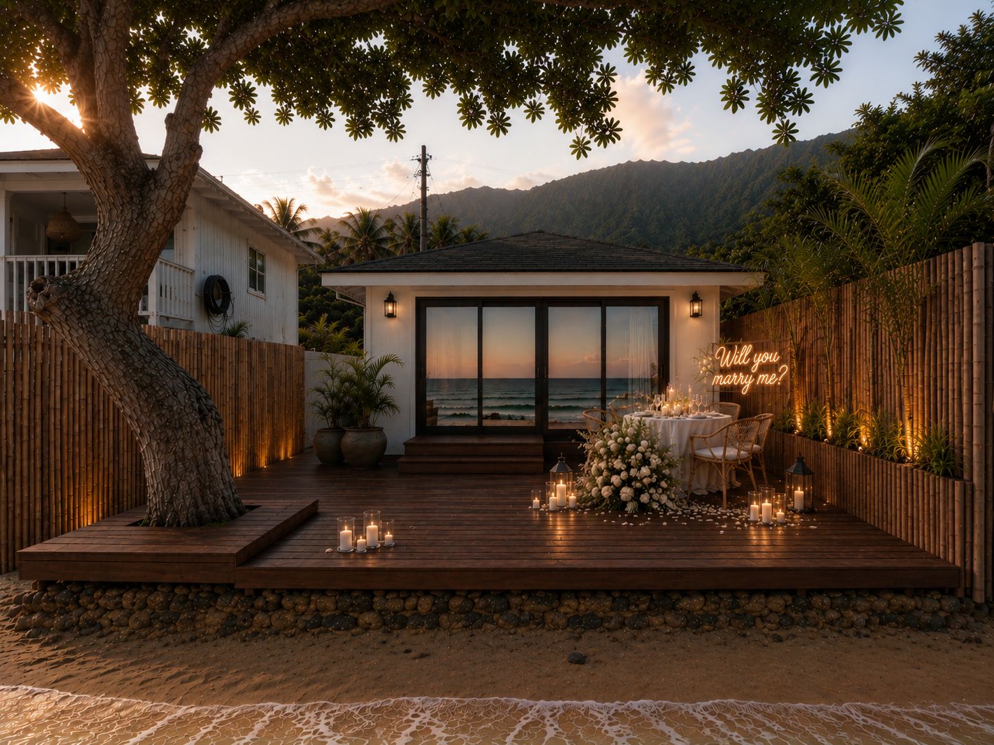 A romantic outdoor setting on a wooden deck near the beach at sunset, with a large floral arrangement, candles, and a neon sign that reads 'Will you marry me?' next to a table for two.