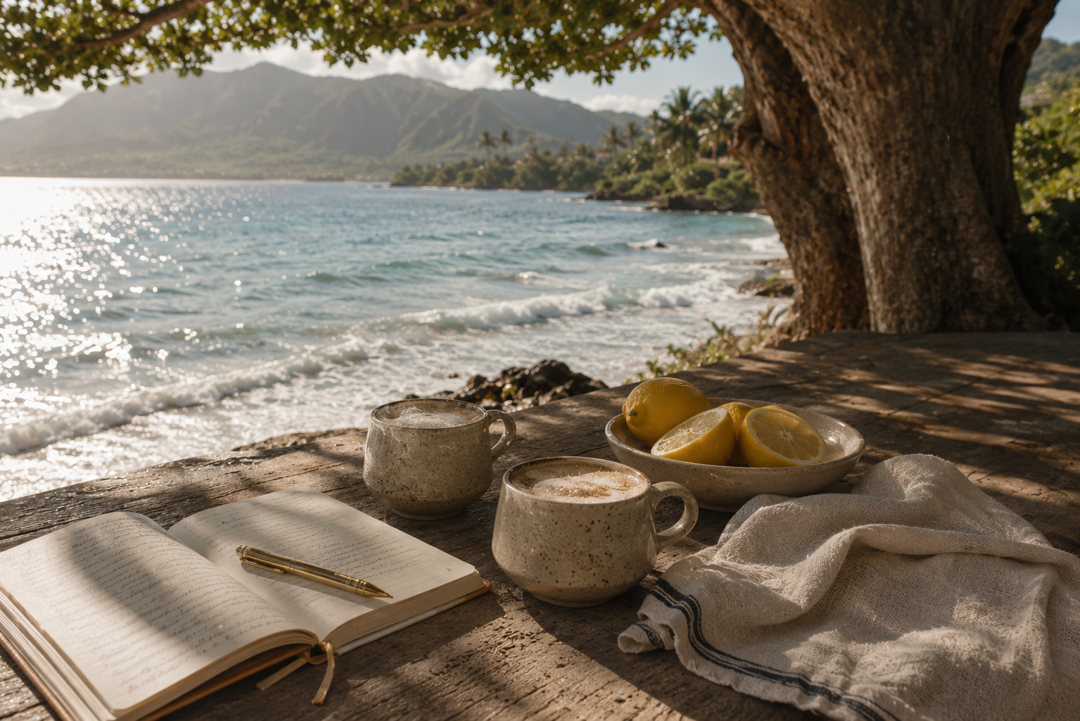 A rustic wooden table by the beach with two cups of coffee, a bowl of lemons, a notebook, and a pen, with a large tree, ocean, and mountains in the background.