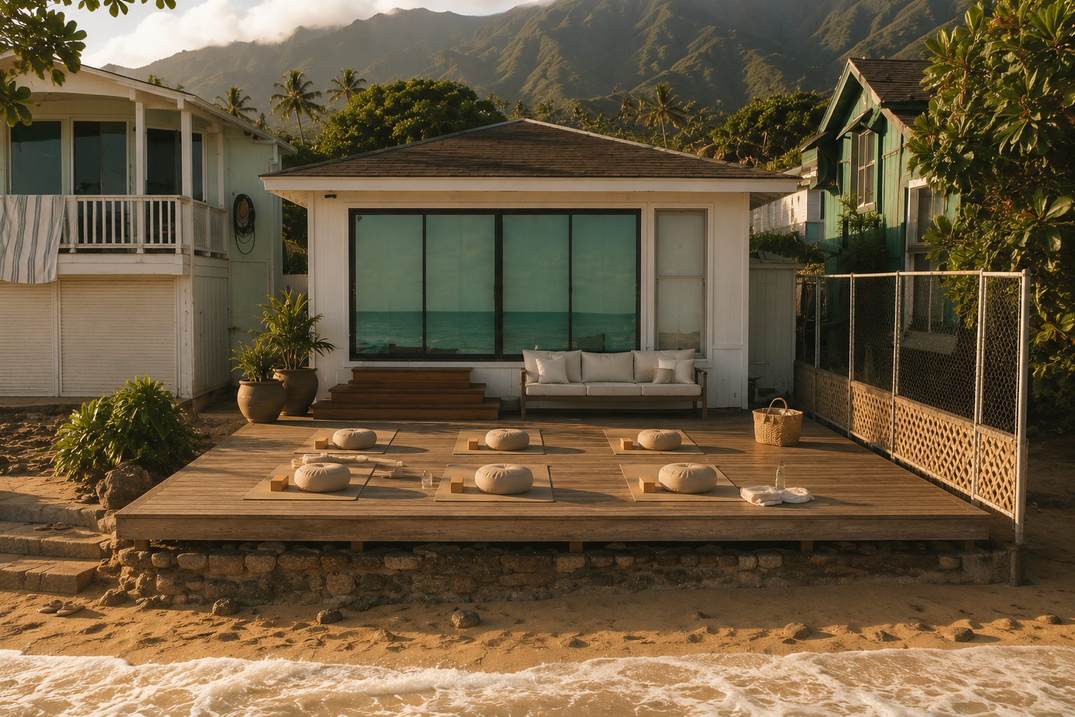 Beachfront house with a wooden deck, set against mountains and palm trees, featuring outdoor seating with cushions and a view of the ocean.