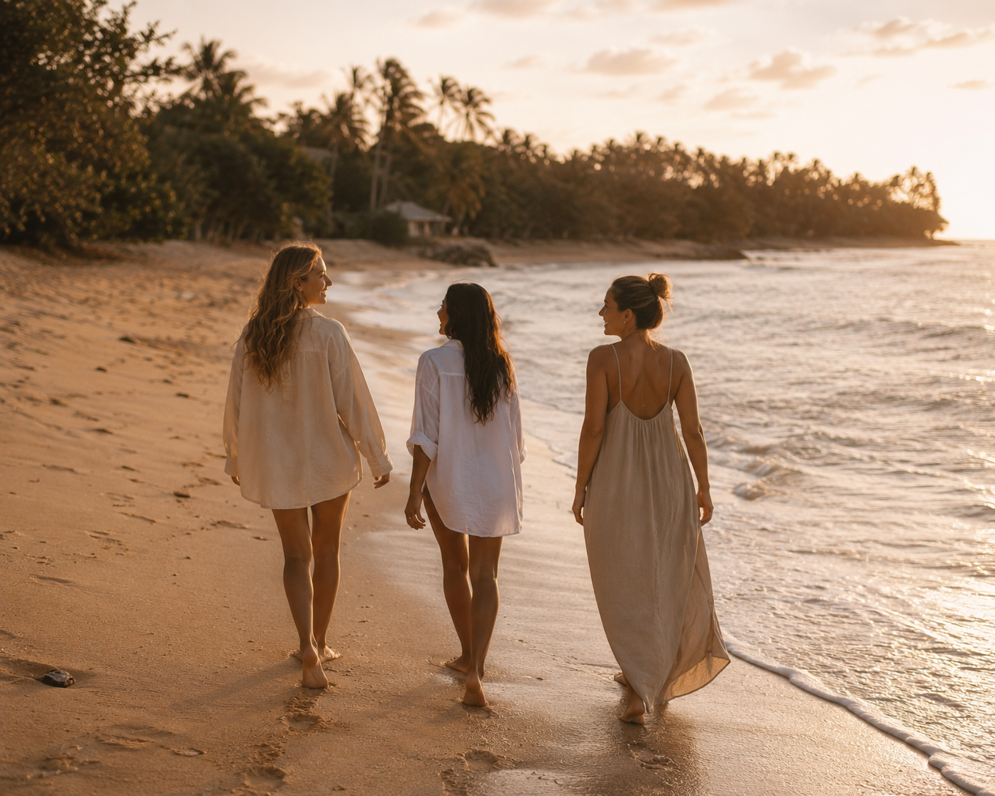 Three women walking on a sandy beach at sunset, surrounded by palm trees and ocean waves.
