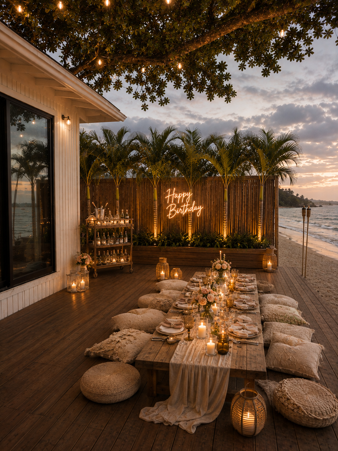 Beachside outdoor birthday dinner setup with a low wooden table, floral centerpieces, candles, and pillows on a wooden deck, sunset sky, palm trees, and a neon sign that says "Happy Birthday" in the background.