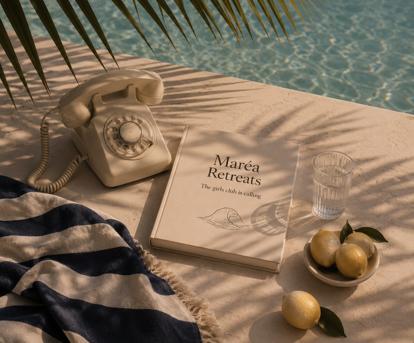 A vintage cream-colored rotary phone, a book titled "Maréa Retreats" with the subtitle "The girls club is calling" and a drawing of a wave, a glass of water, a small bowl of lemons, and a striped beach towel with shadowed palm leaves overhead by a pool.