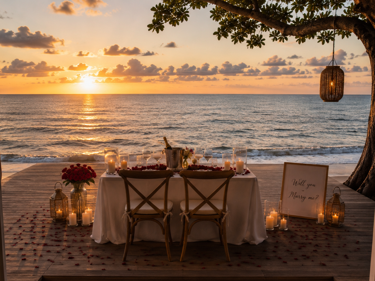 A romantic beachside setup at sunset with a table for two, decorated with candles, rose petals, and flowers, with a sign asking "Will you marry me?" on the sand and lanterns around, under a tree with a hanging lantern.