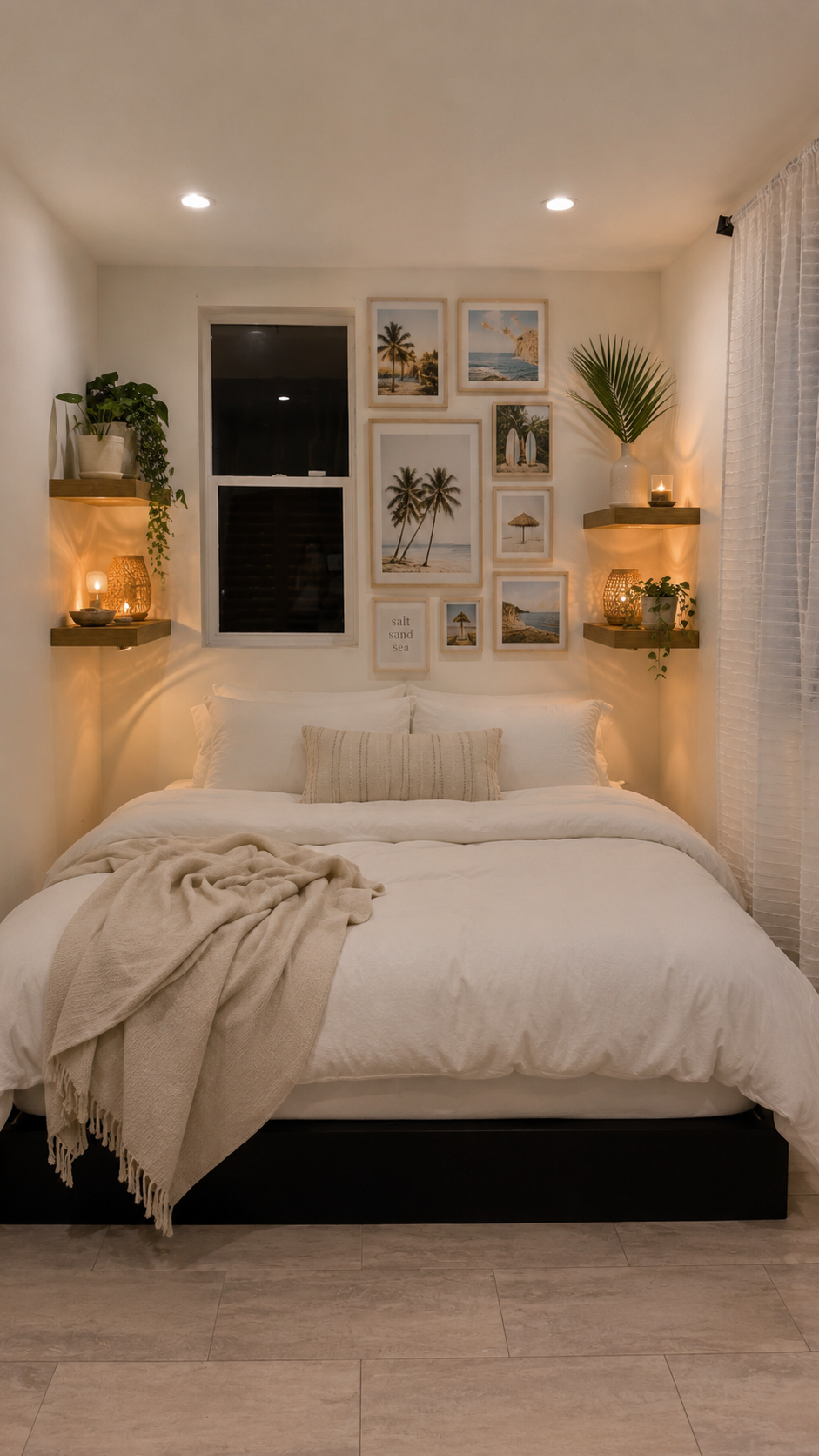 A cozy bedroom with a bed, beige bedding, and pillows. Above the bed is a gallery wall with framed beach-themed photos. On each side of the bed, there are wall-mounted shelves with potted plants, candles, and decorative items. The room has a window with sheer white curtains, and the lighting is warm and ambient.