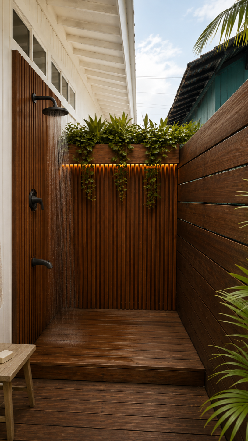 Outdoor wooden shower with a rain shower head and hand-held shower, surrounded by green plants and wooden fencing.