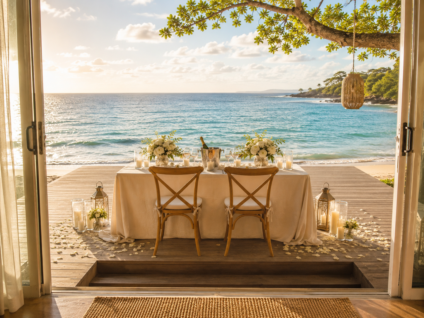 Beachside wedding setup with a table decorated with flowers, candles, and a bottle of champagne, viewed from inside a house through open sliding doors, with the ocean and sky in the background.
