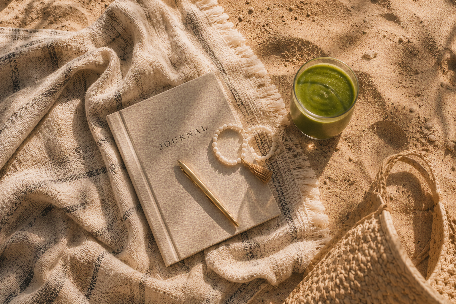Beach scene with a journal, gold pen, white beaded bracelet, green smoothie, woven straw bag, and a light-colored fringed blanket on sand.