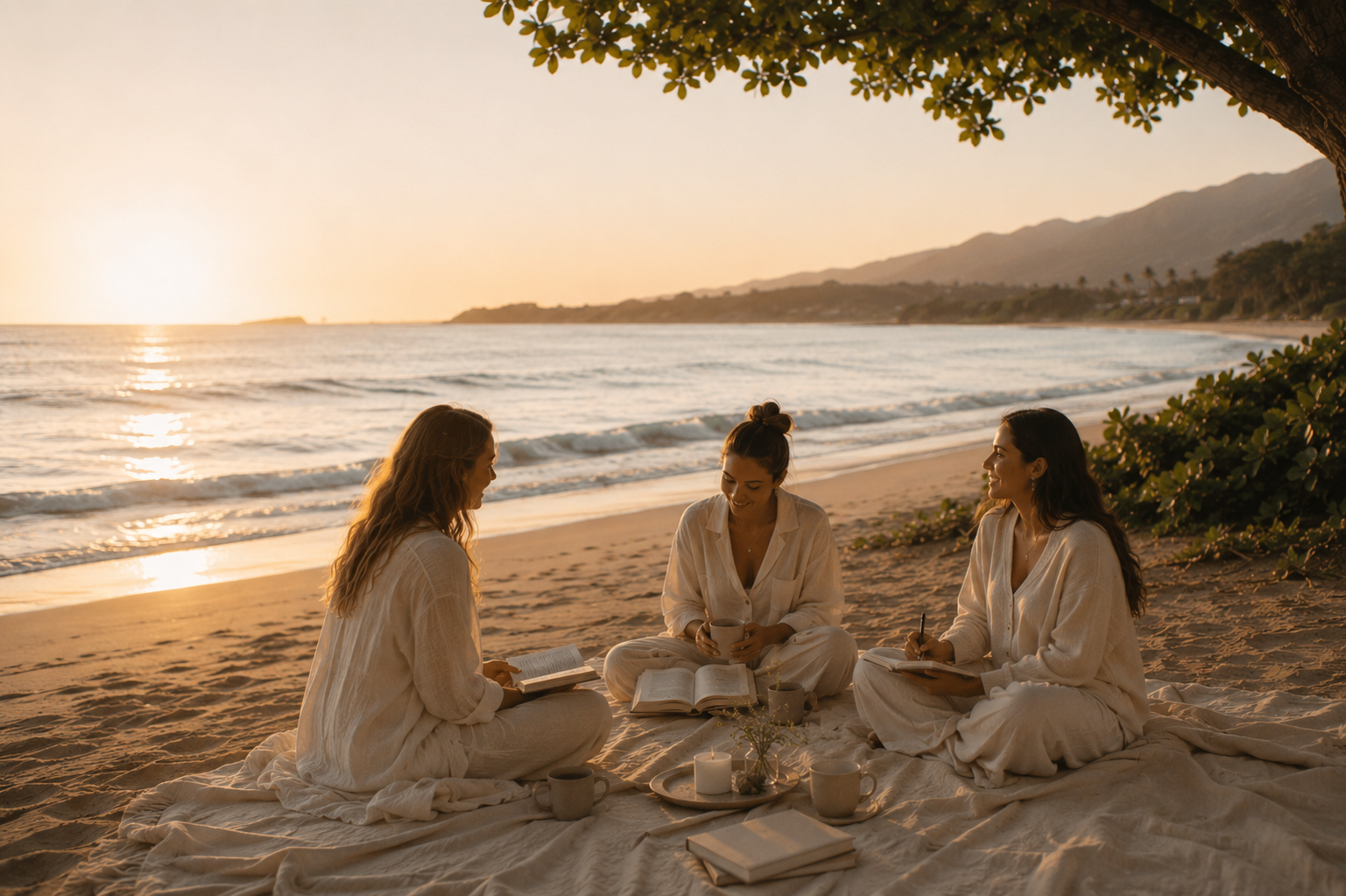 Three women sitting on a blanket on the beach during sunset, enjoying books, coffee, and each other's company with the ocean and mountains in the background.