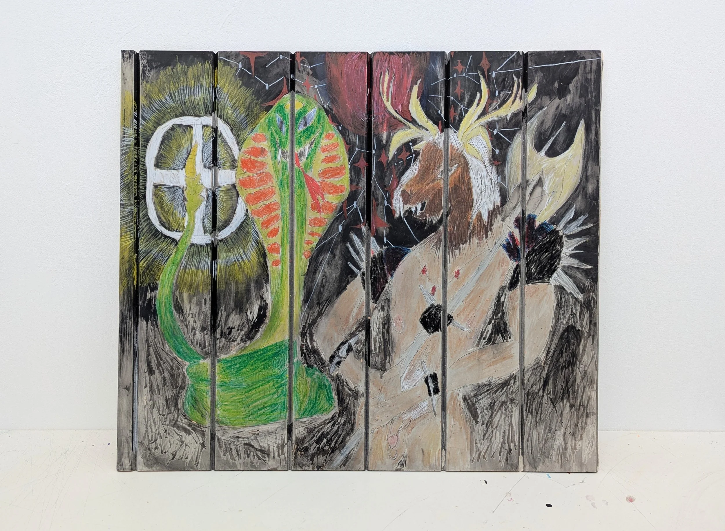 'Cobra's Blessing to Minotaur' - 
Ink, Oil Pastel, Pencil, and Gesso on Found Board
