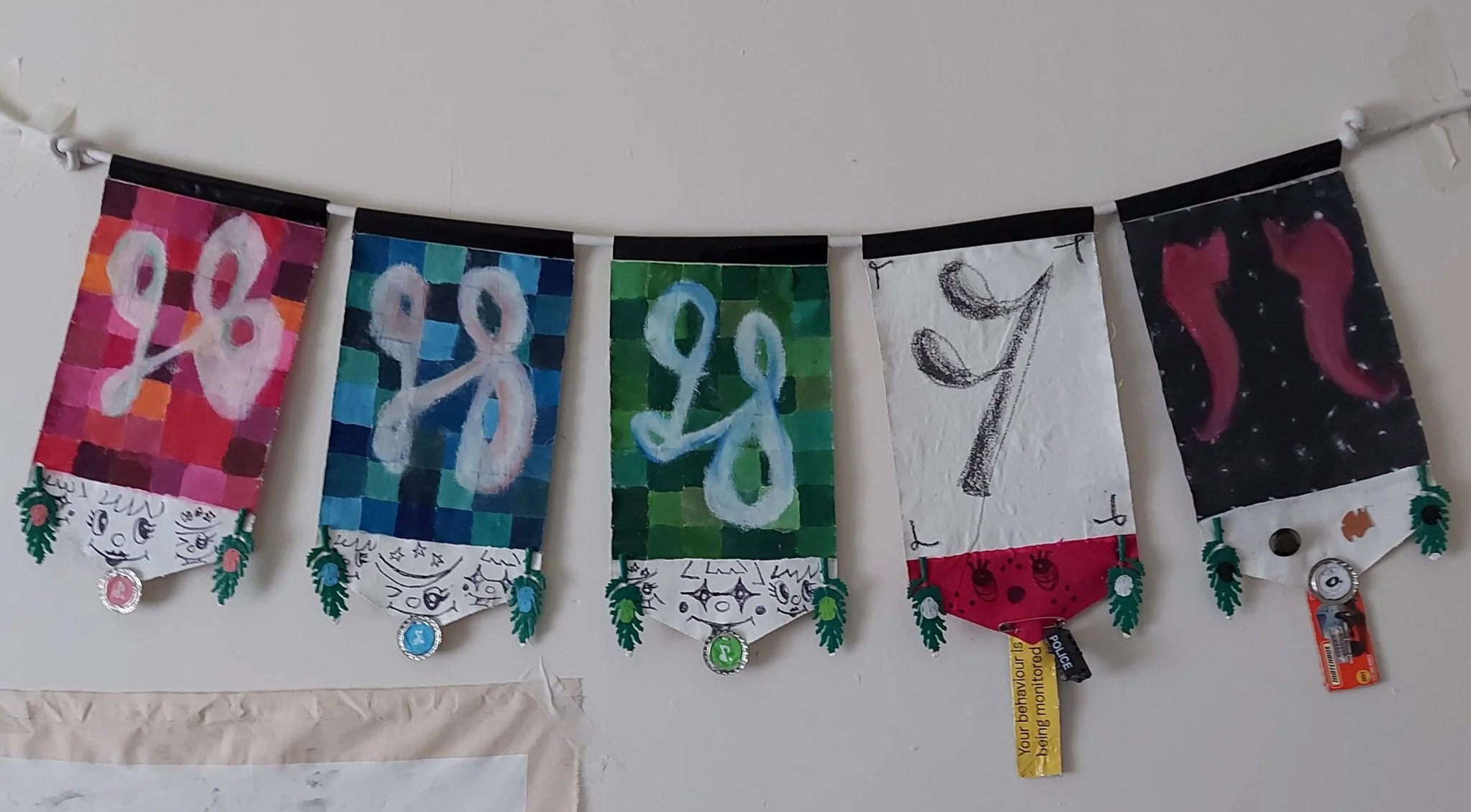 '5 Flag Triumph' - 
Acrylic, Oil Pastel and Marker on Calico, Found Object, Copper, Card
