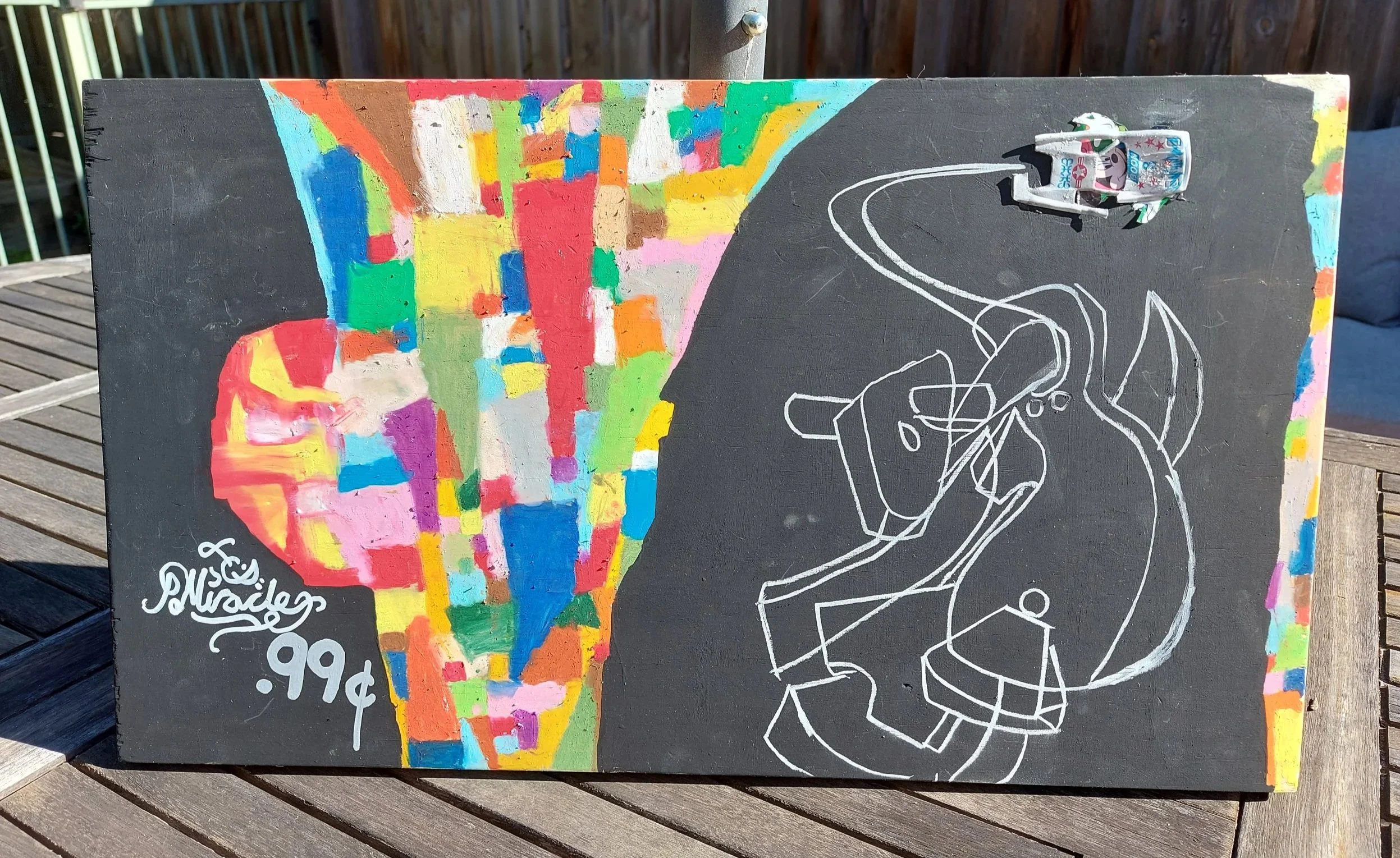'Rocking Horse Miracle' - 
Oil Pastel, Marker, Compressed Pastel, Gesso, Paper & Metal on Found Wood
