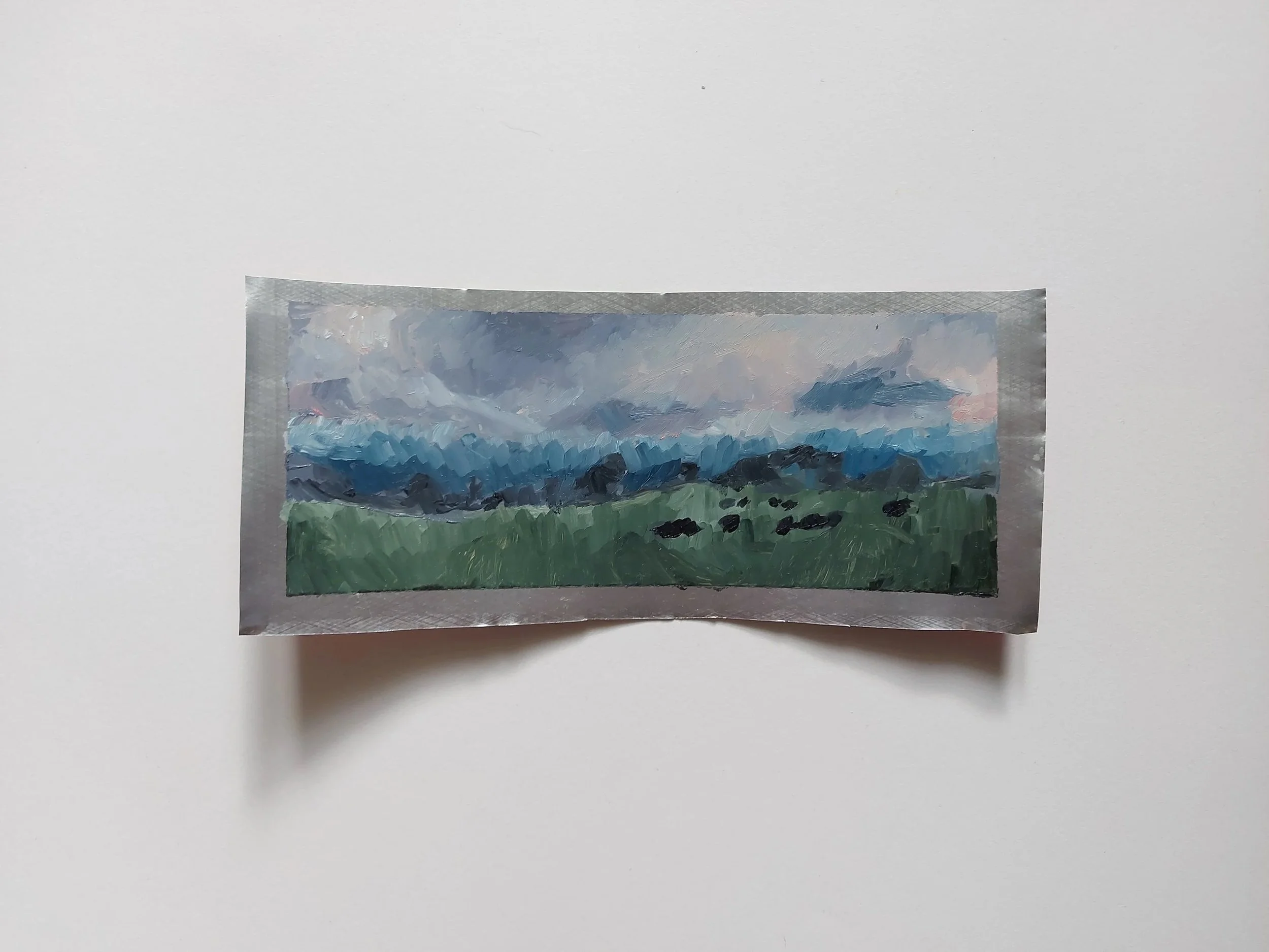 'Cows in Meadow Landscape' -
Oil on Aluminium Tin Can