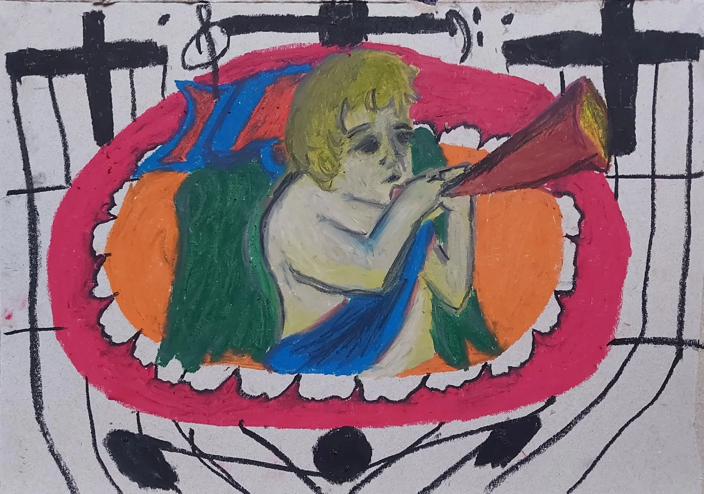 'Angel & Horn' - 
Oil pastel on Cardboard