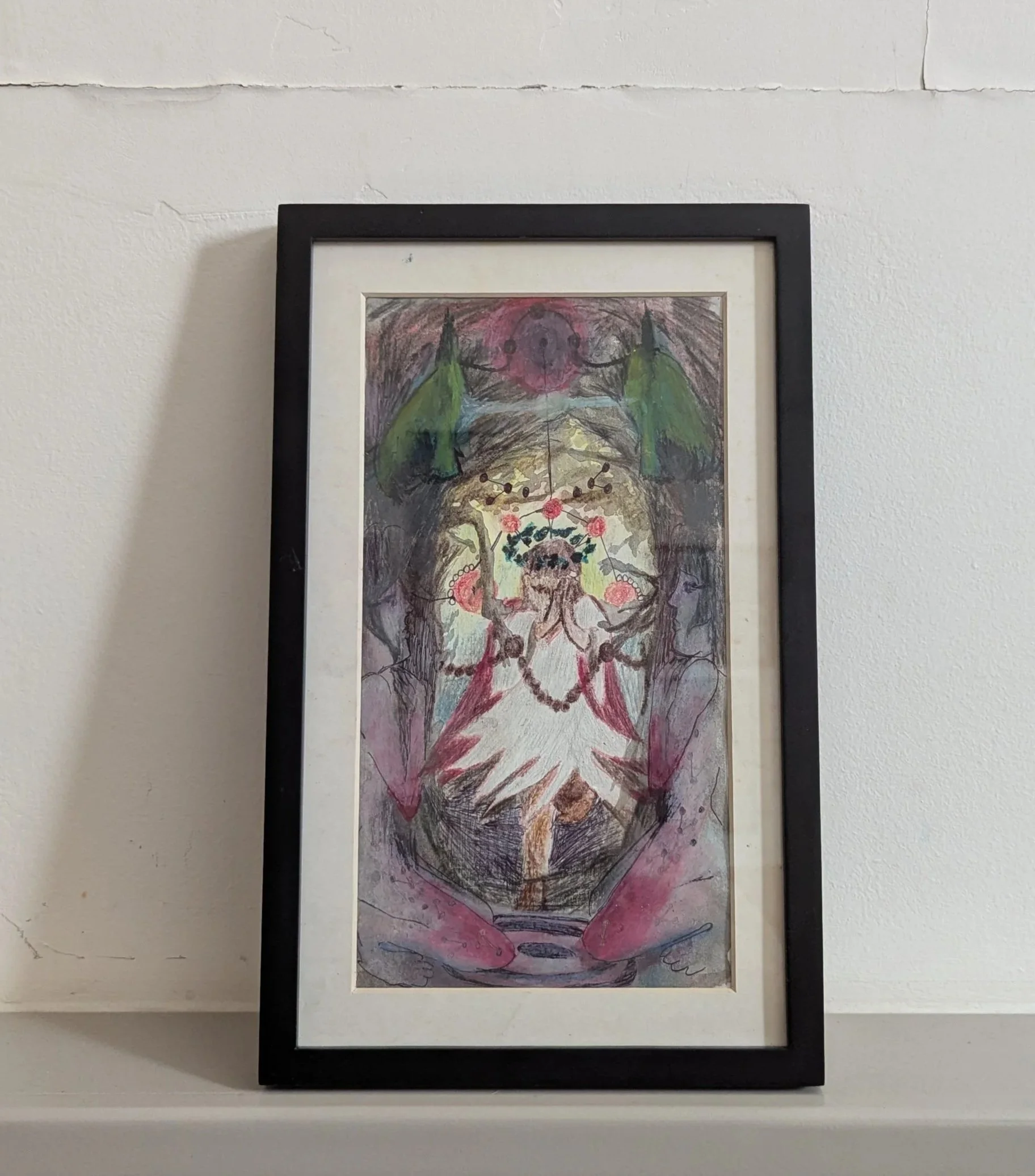 'Angel with red wings touched by tree limbs'
Pen, pencil, crayon, ink & oil pastel on paper
