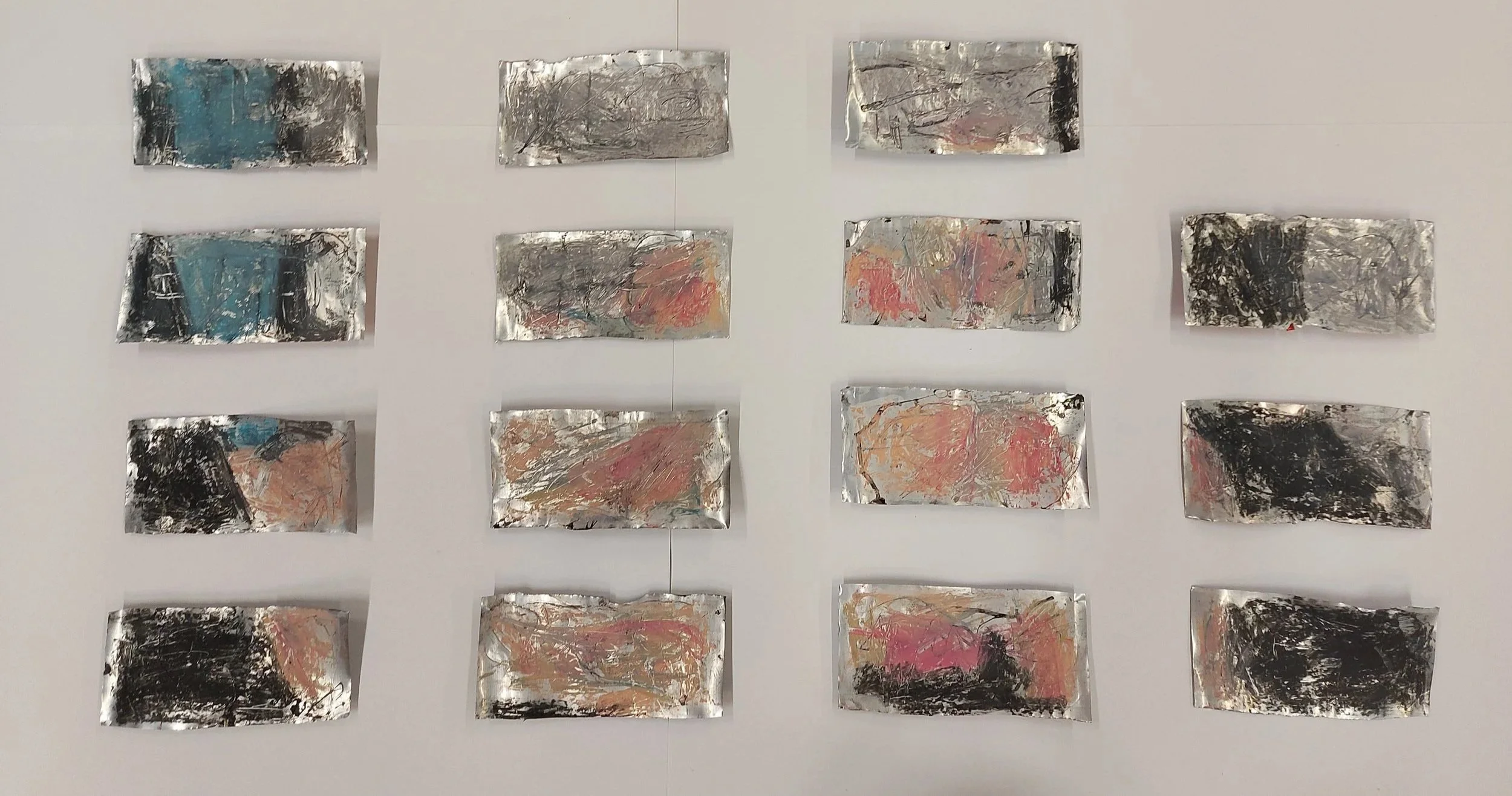 '15 Cans' - 
Oil Pastel and Ink on Aluminium Tin Cans