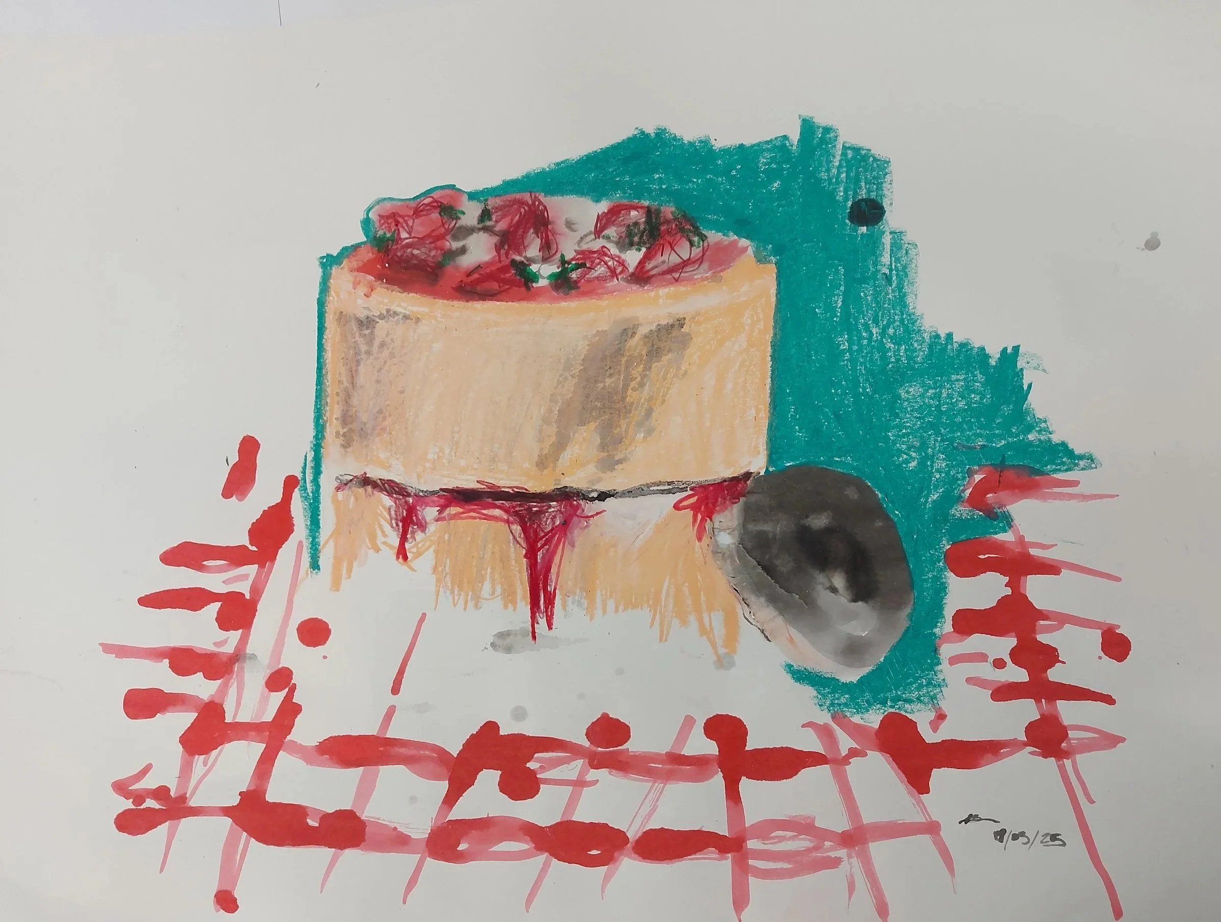 'Cake on Table' - 
Gouache, Ink, Oil Pastel, Coloured Pencil on Paper
A2