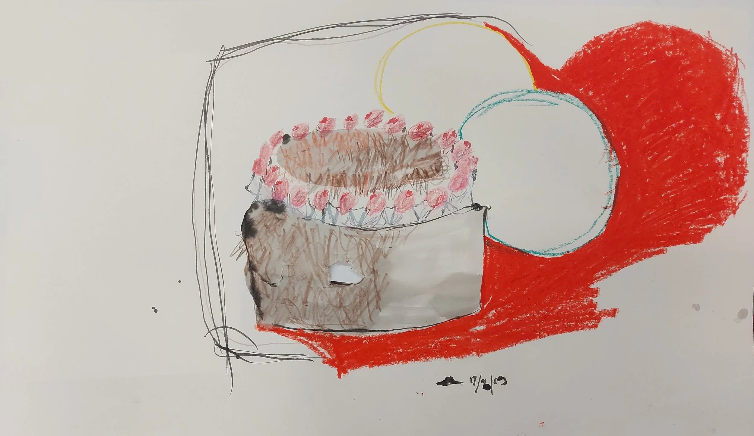 'Cake on Table' - 
Gouache, Ink, Oil Pastel, Coloured Pencil on Paper
A2