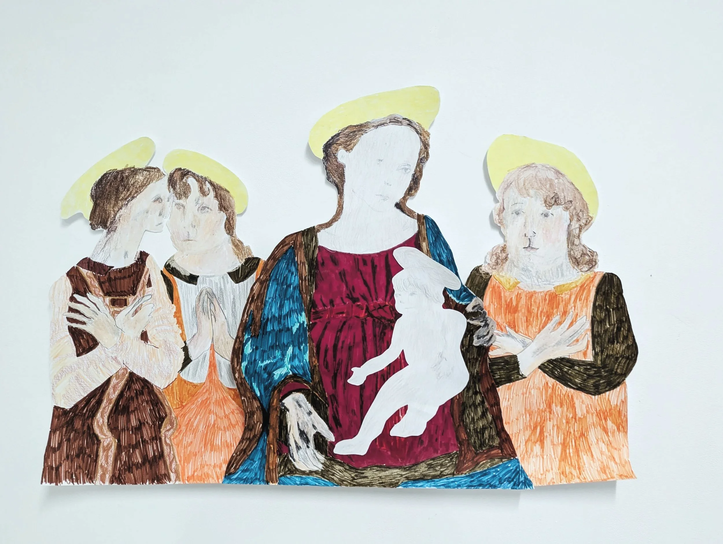 'Madonna and Child with Three Angels - Cosimo di Lorenzo Roeslli; Reprise'
Pencil, Crayon, and Connector Pen on Paper Cutouts