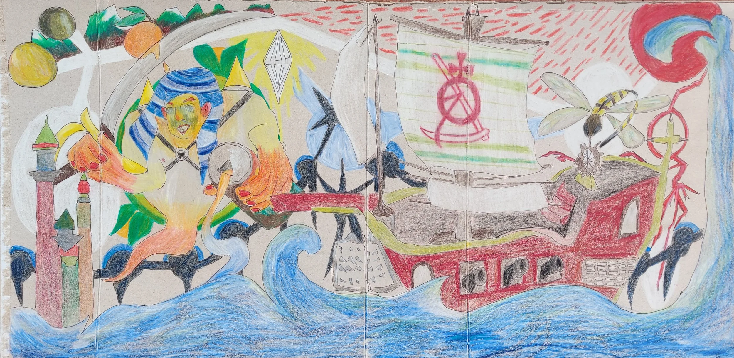 'Flood of Orange Soda Djinn & the Spring Death Dragonfly Ship' - 
Colour Pencil on Card