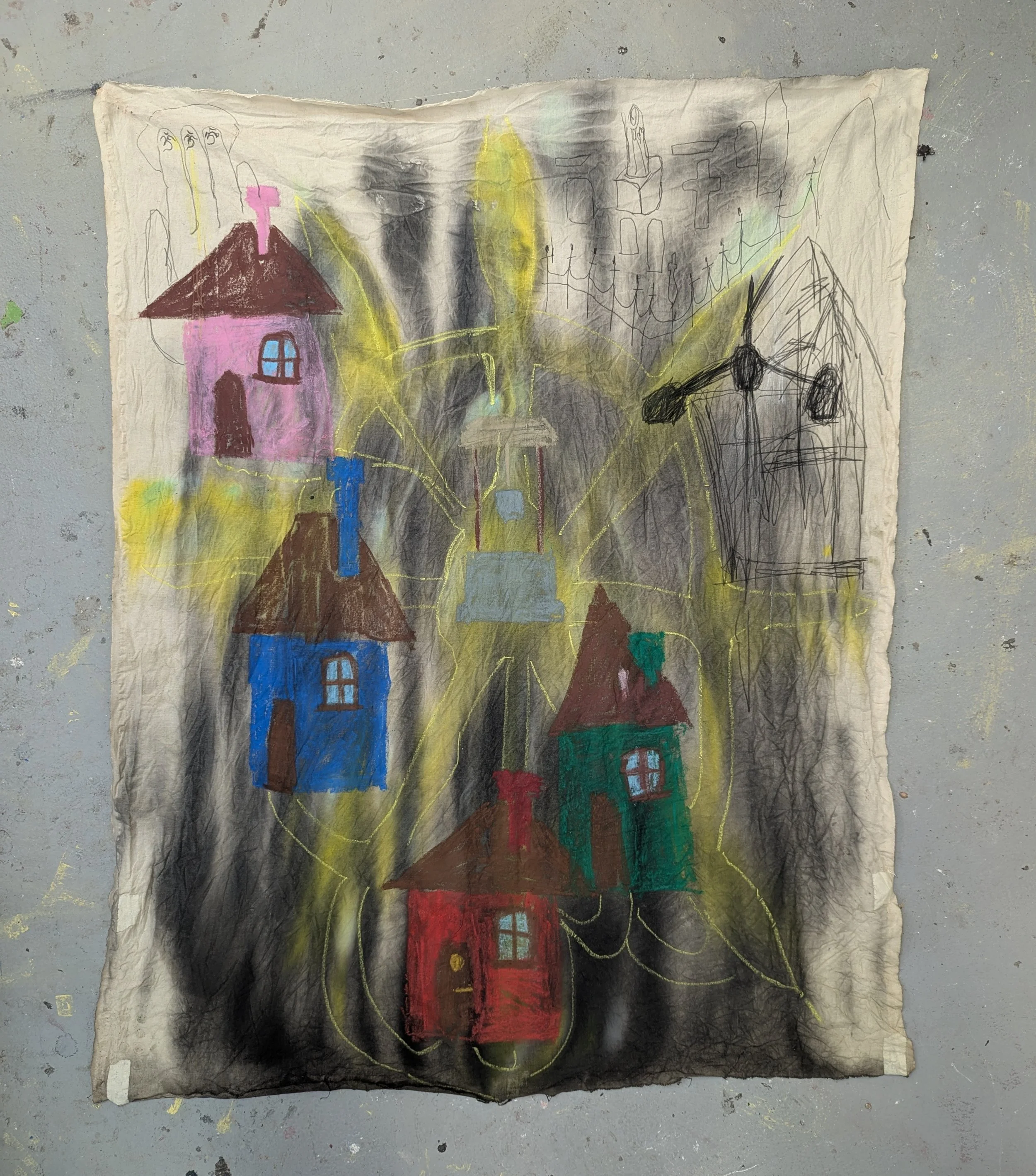 'Noble Well and Town' - 
Ink, Crayon, Oil Pastel, Pen, Pencil on Calico