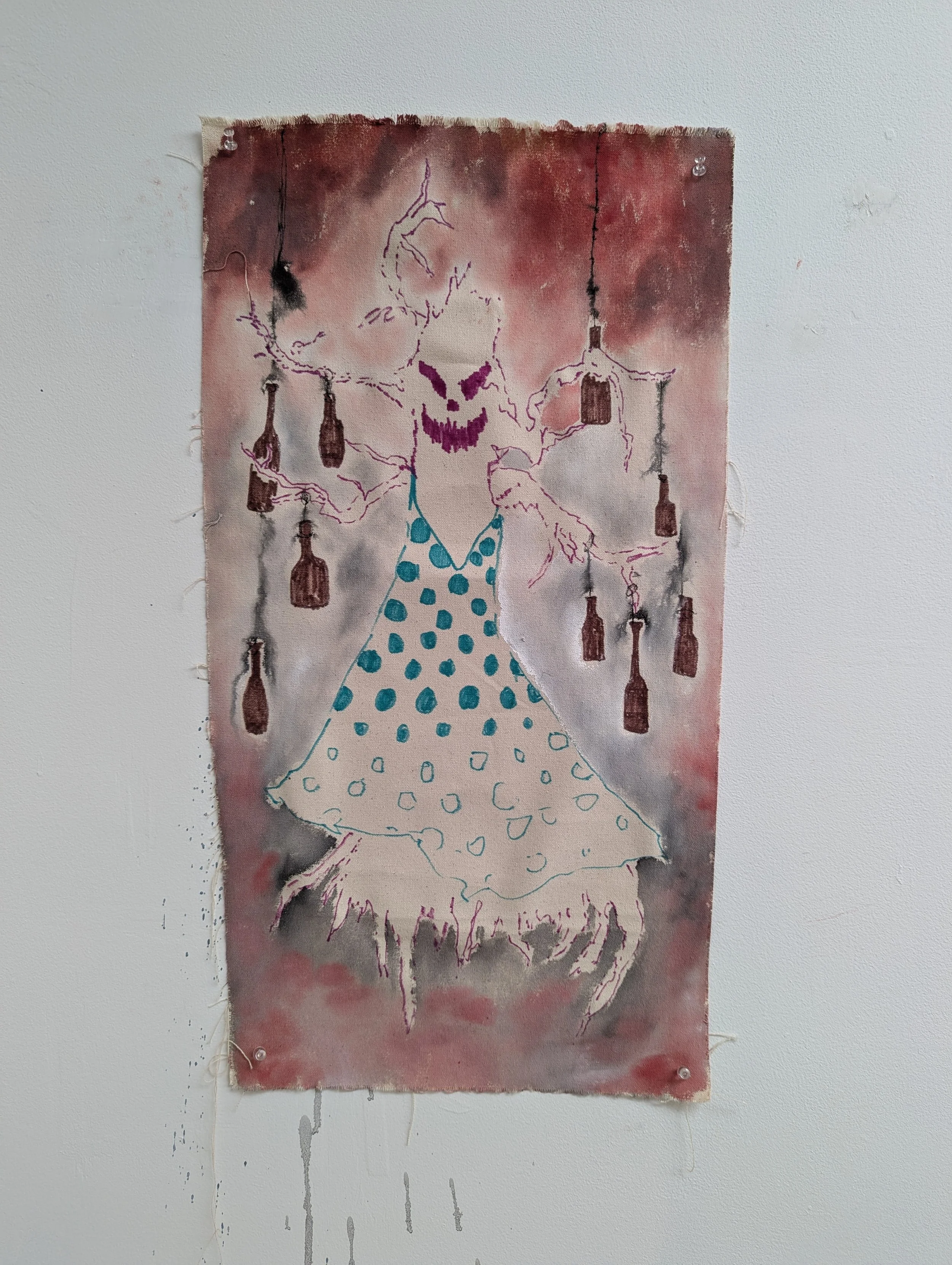 'Treent in Polka dot dress with Bottles' - 
Marker and Gouache on canvas