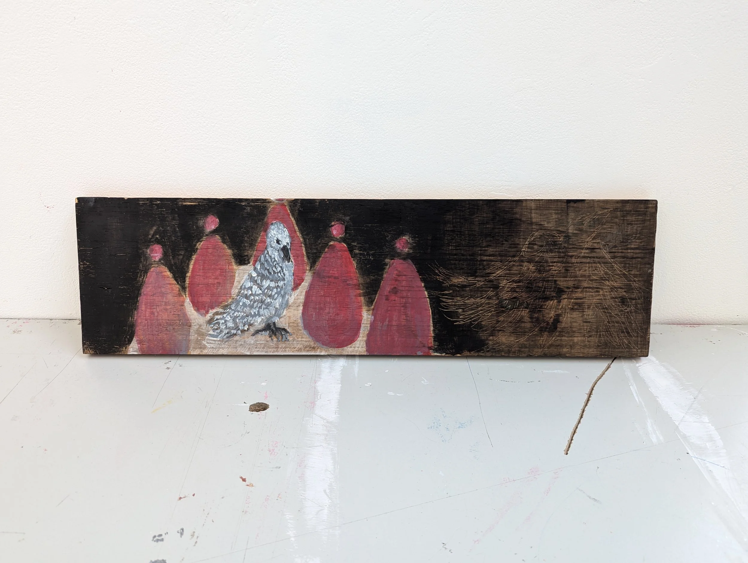 Untitled (Pigeon and Eggs) - 
Acrylic on Wooden Board
