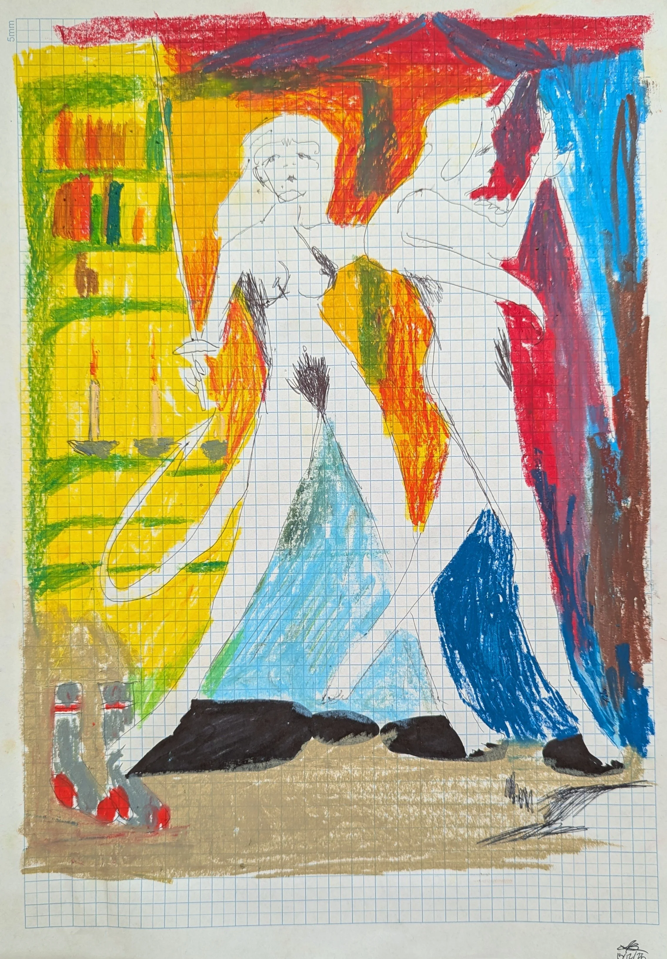 'Bookshelf Duo' - 
Pen, Oil Pastel and Pencil on Paper