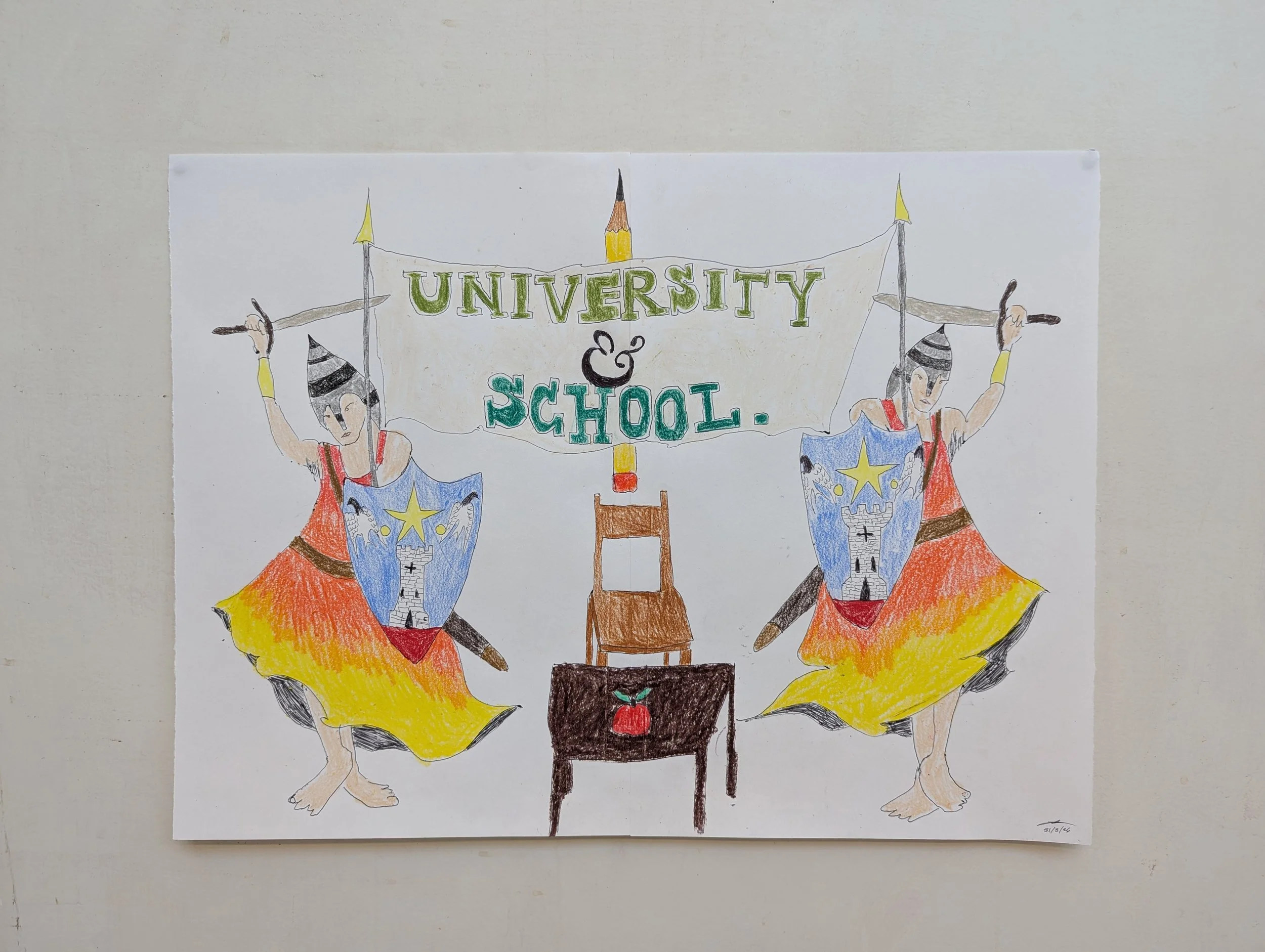 'University & school' -
Crayon, Pen and Coloured Pencil on Paper

