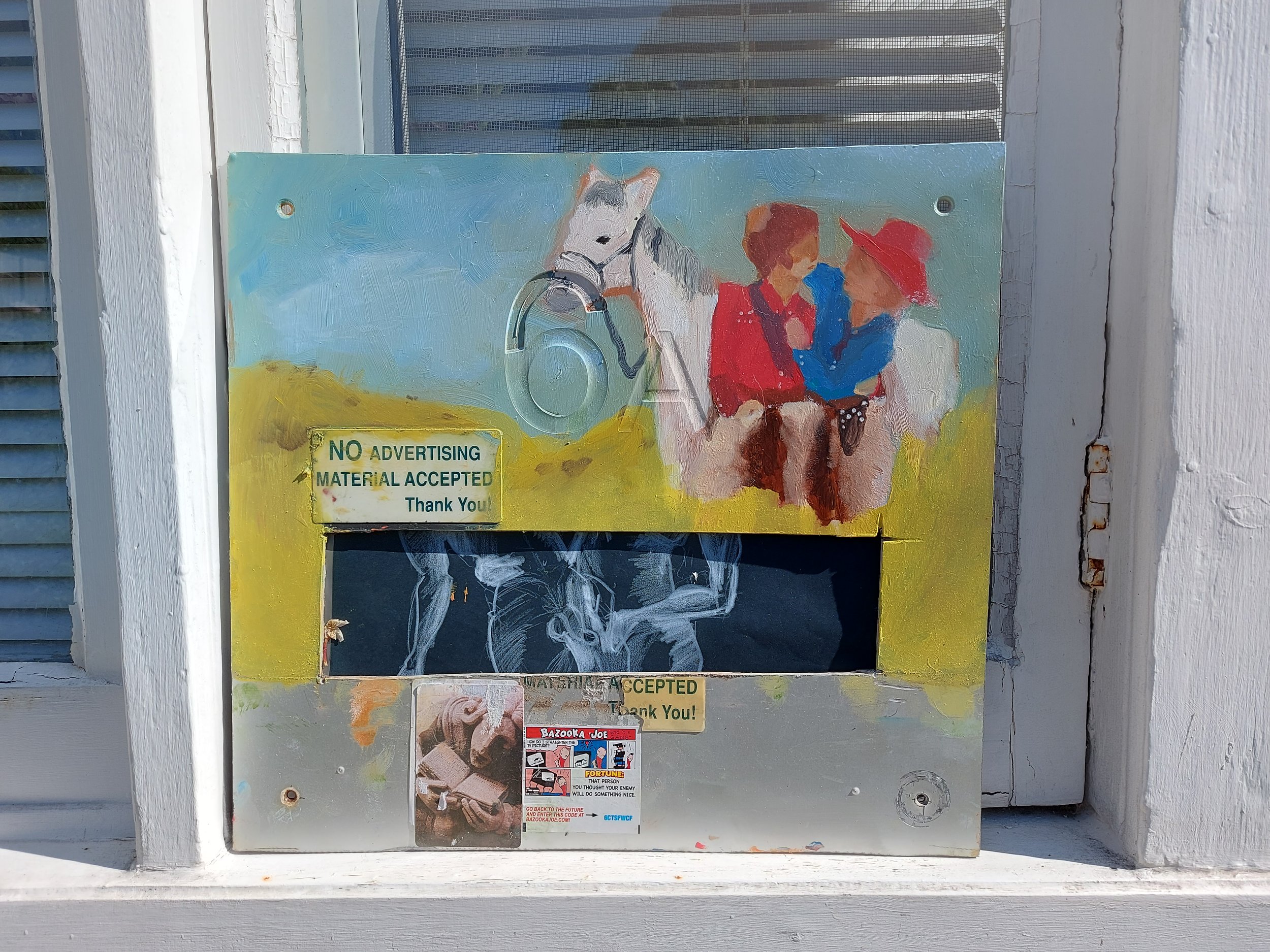 'Lovers in Field' - 
Paper, Card, Oil on Found Metal Mail Box Cover