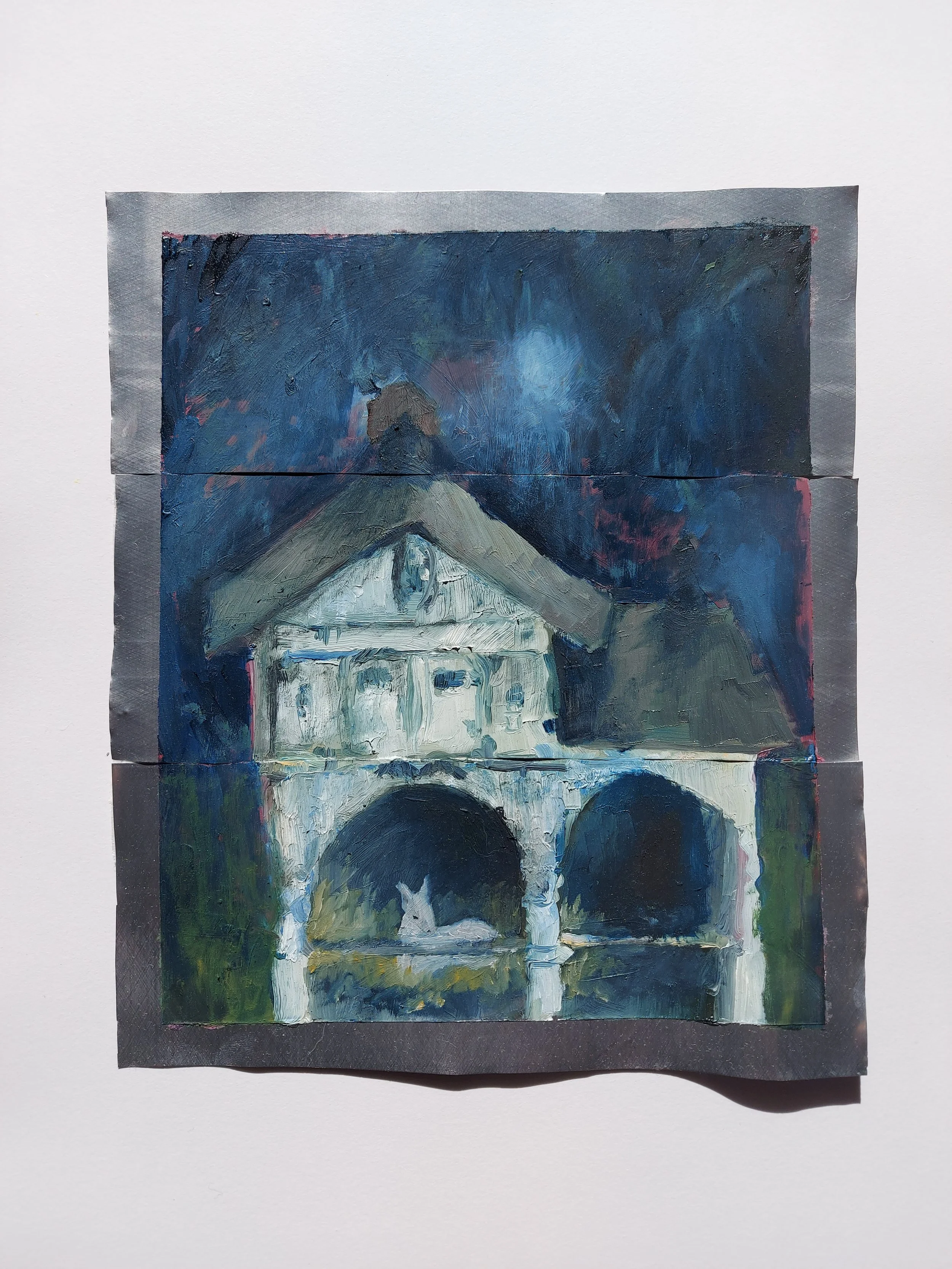 'Moonlit Bliss Stable with White Donkey' -
Oil on 3 Aluminium Tin Cans