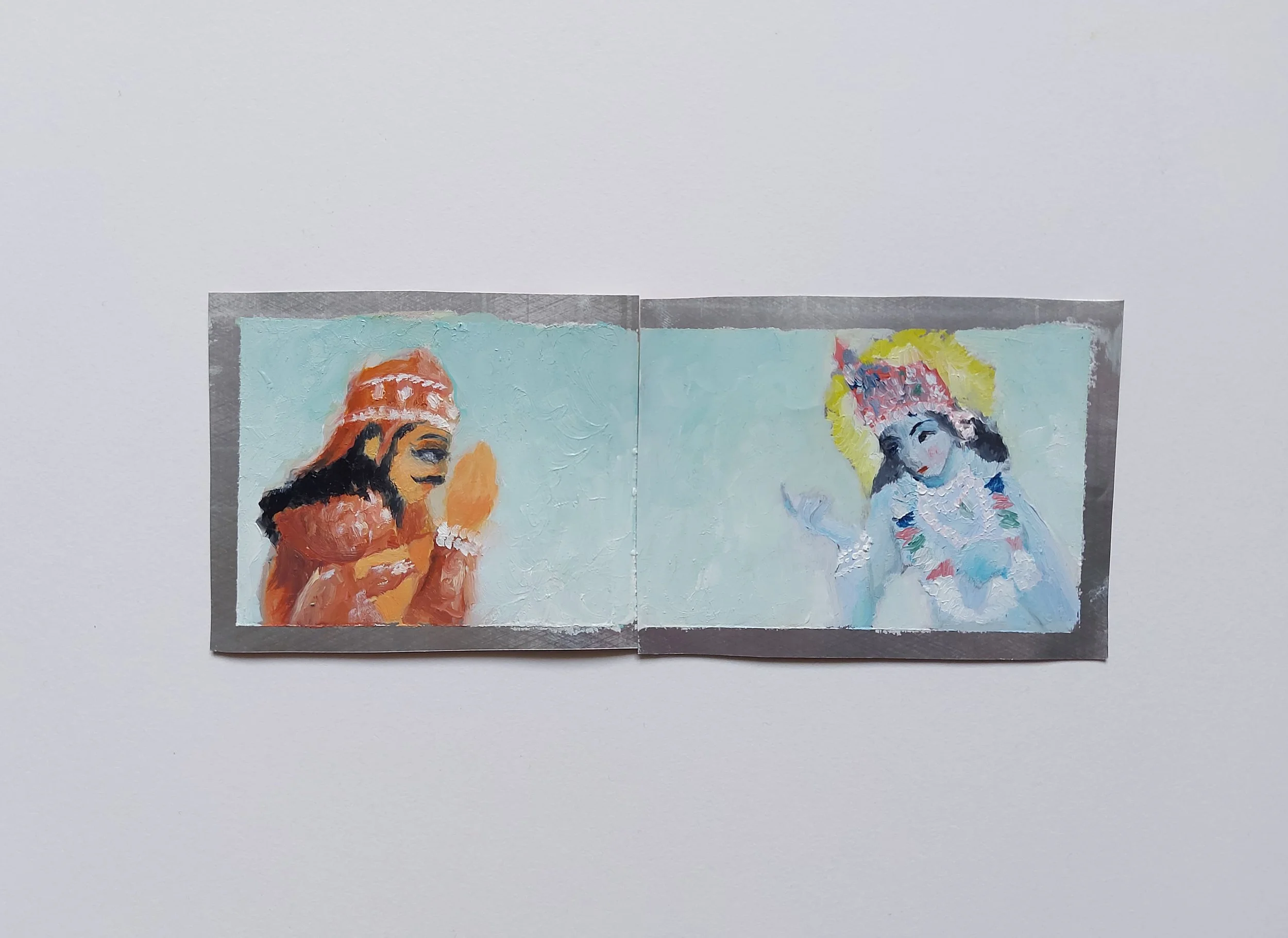 'Arjuna Listening to Krishna' - 
Oil on Aluminium Tin Can
Miniature Diptych