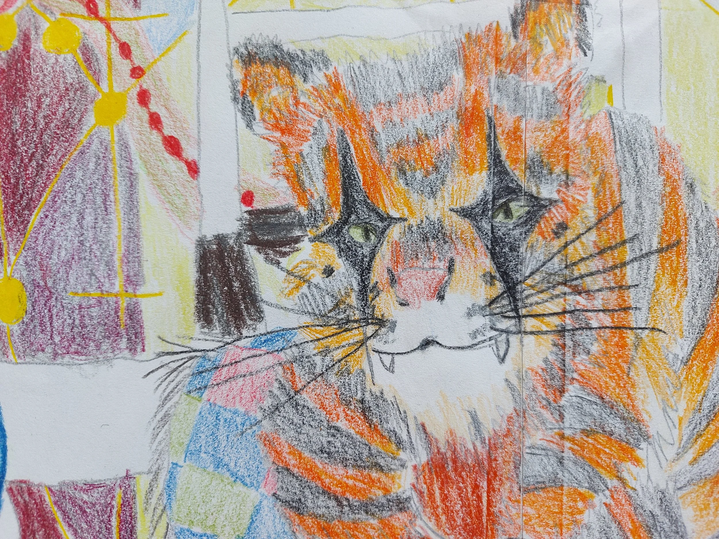 Colorful drawing on paper with various shapes, lines, and scribbles in red, yellow, orange, black, blue, purple, and green. The drawing appears to be made by a child.