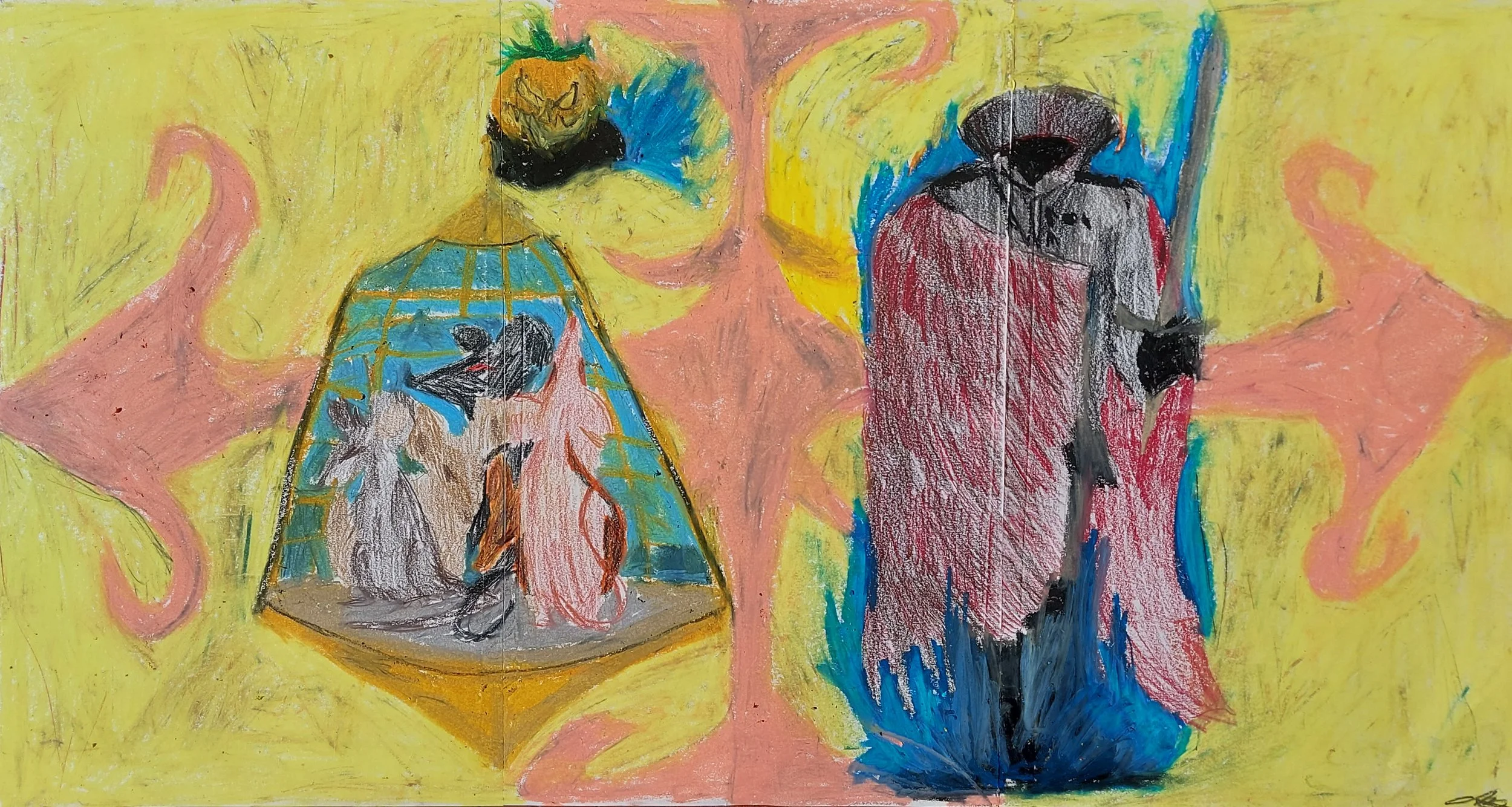 'Headless Horseman Haunts Caged Choir of Mice' - 
Coloured Pencil, Oil Pastel on paper
3 x A3(ish)
