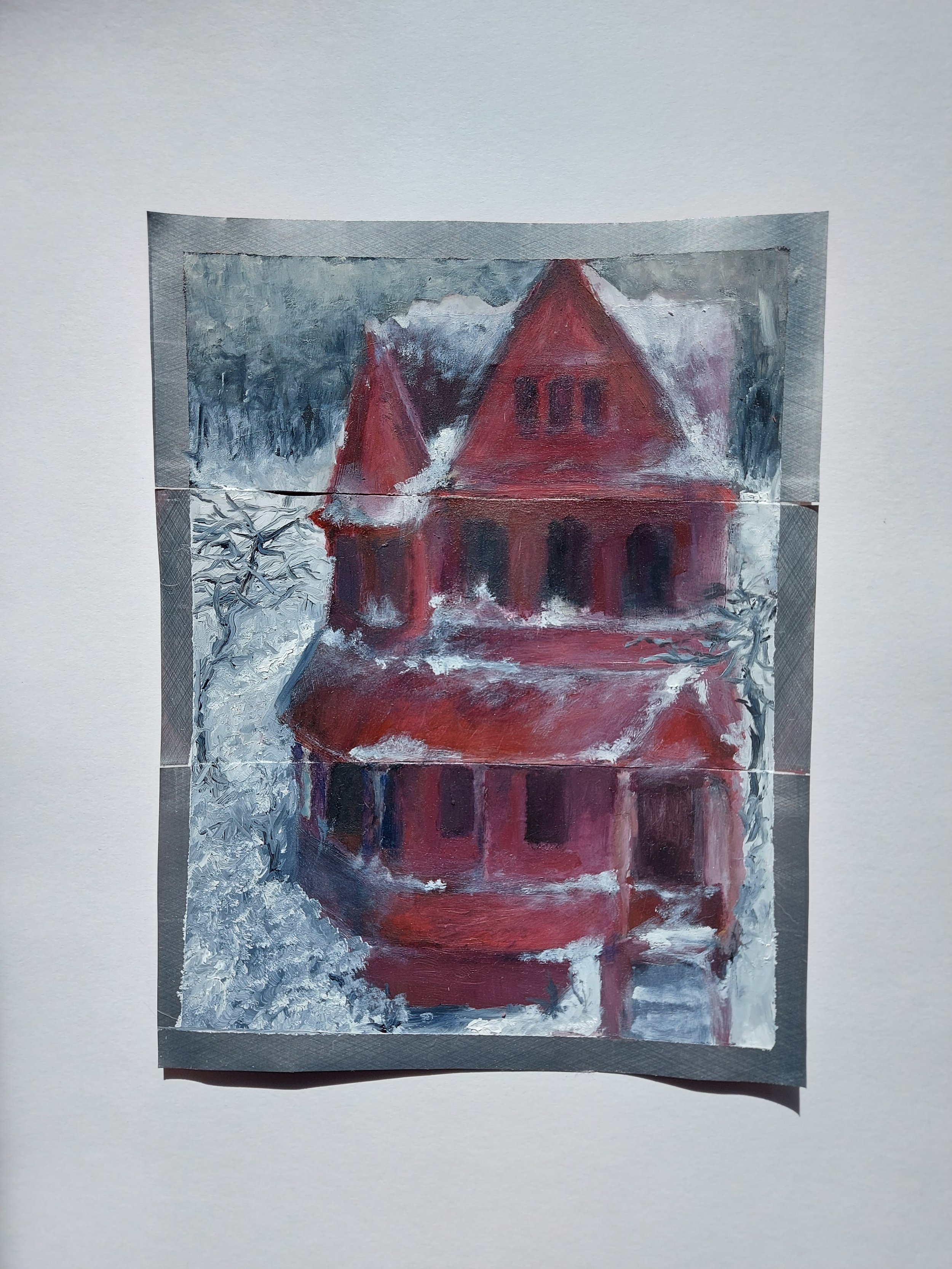 'Red Bliss House in Snow' - 
Oil on 3 Aluminium Tin Cans