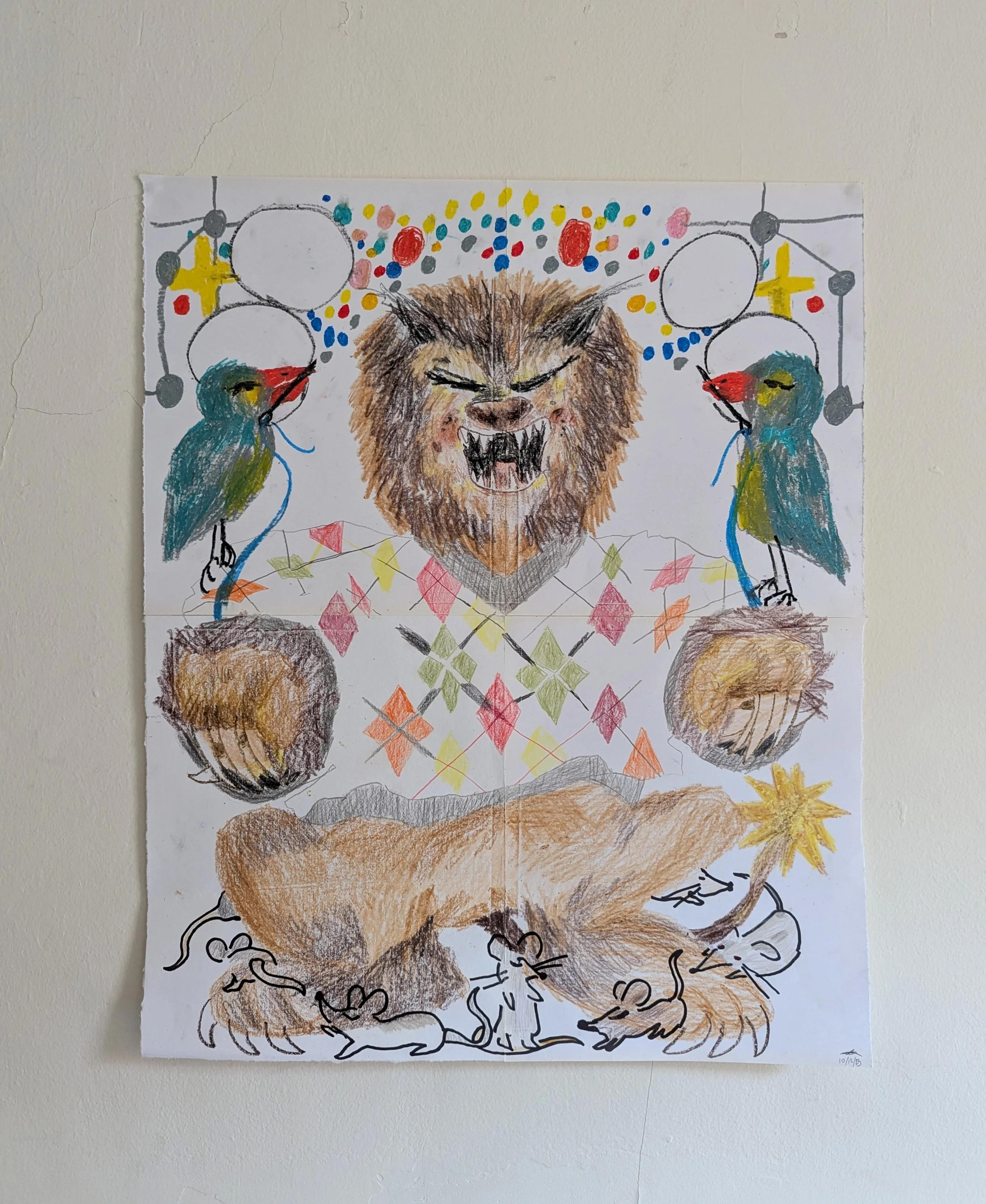 'Lion's new argyle sweater' - 
Crayon, colour pencil, marker & oil pastel