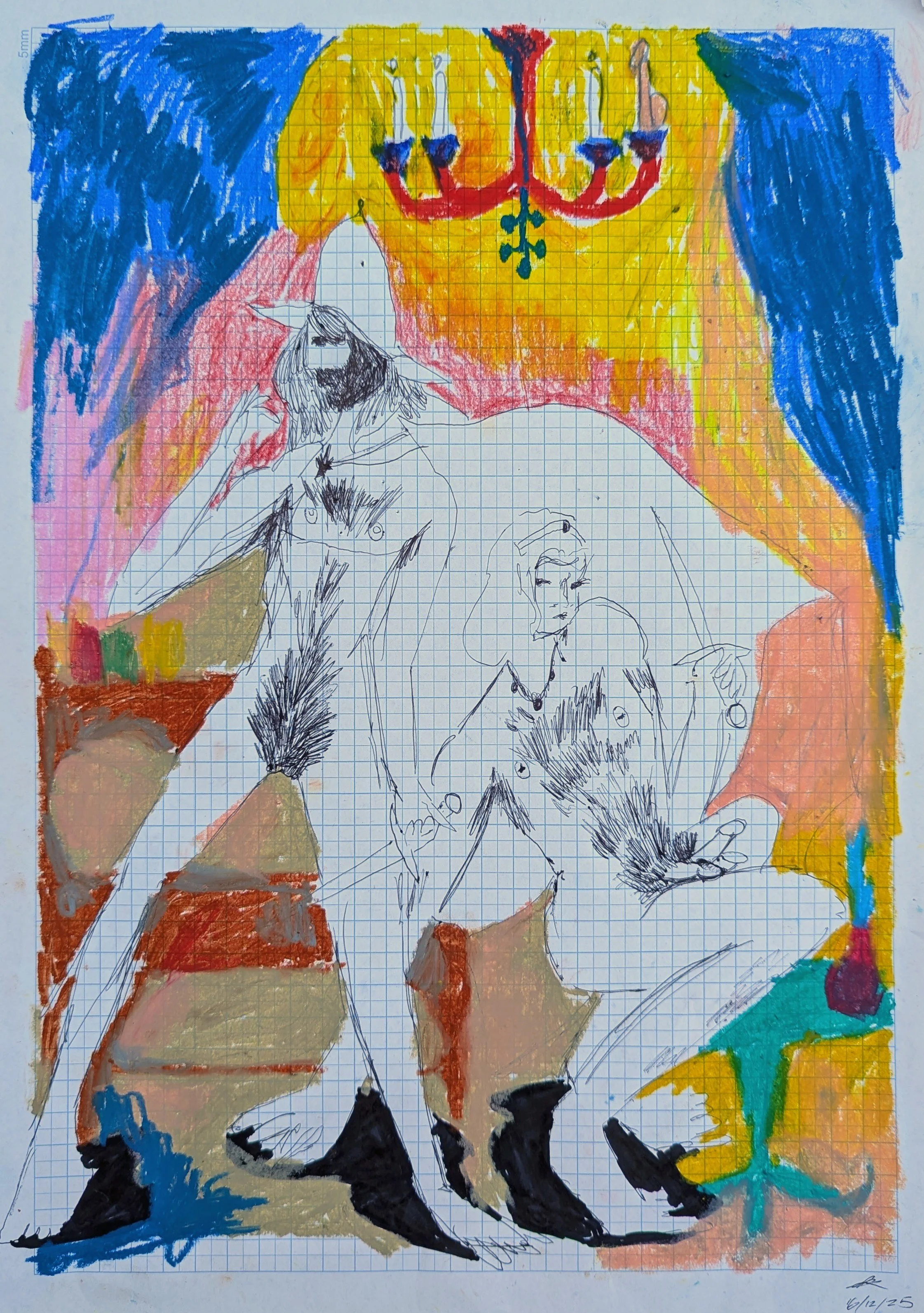 'Couple under Candelabra' - 
Oil Pastel, Pen, Pencil on Paper 