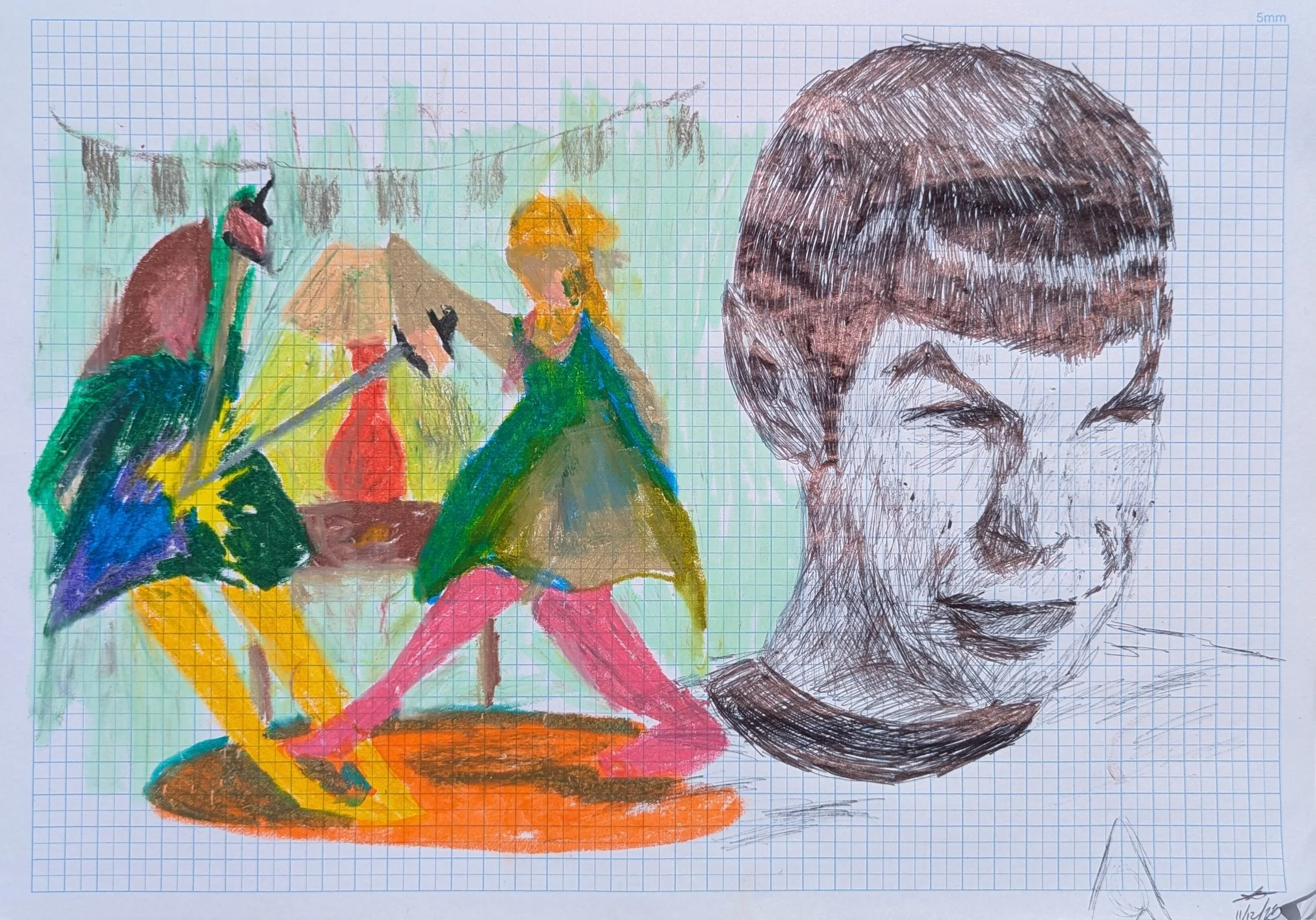 'Living Room Fencing & Spock' - 
Oil Pastel, Pen on Paper