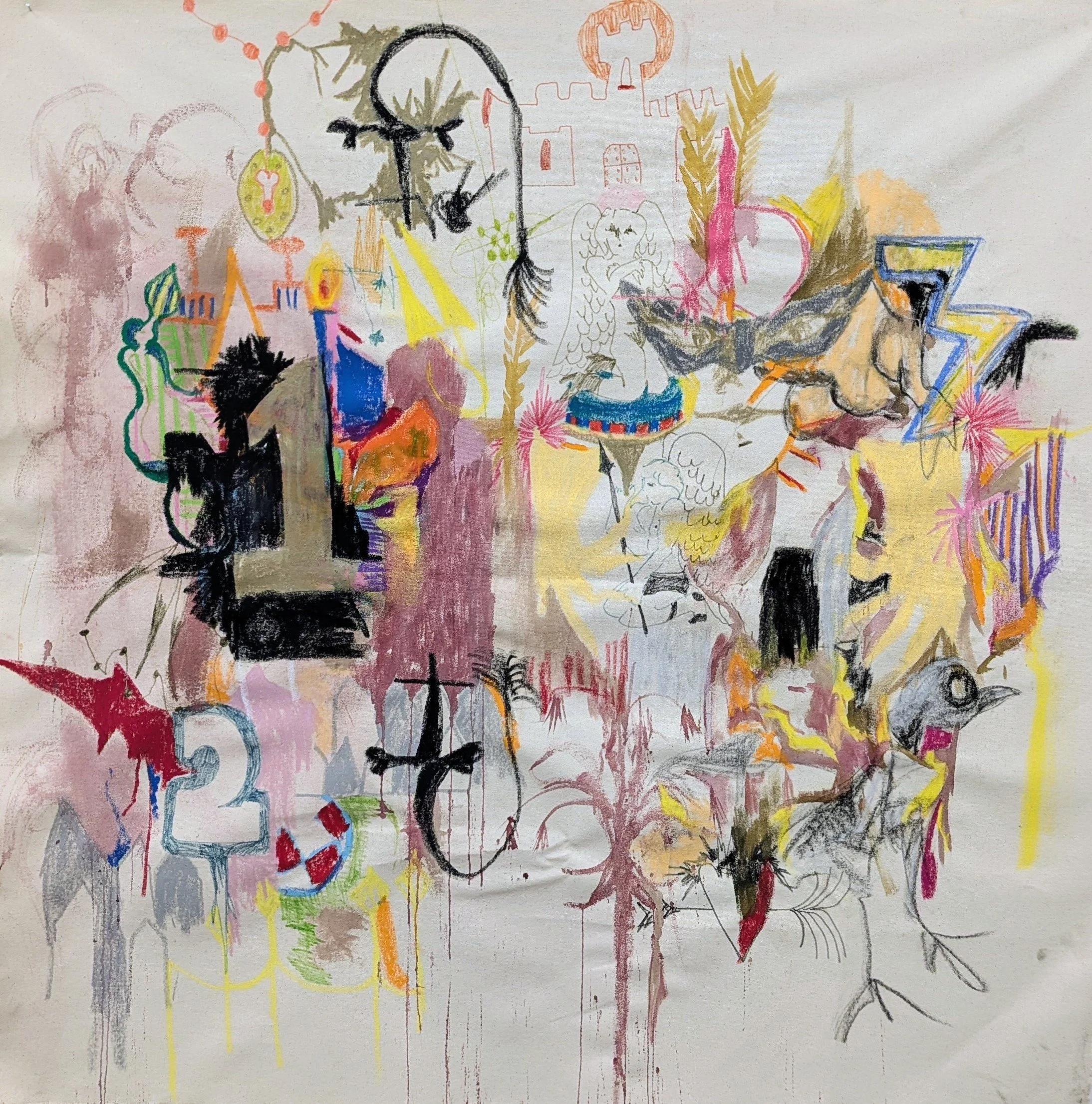 Untitled - Collaborative work with Irem Akay - 
Ink, Oil Pastel, Connector Pen on Canvas.