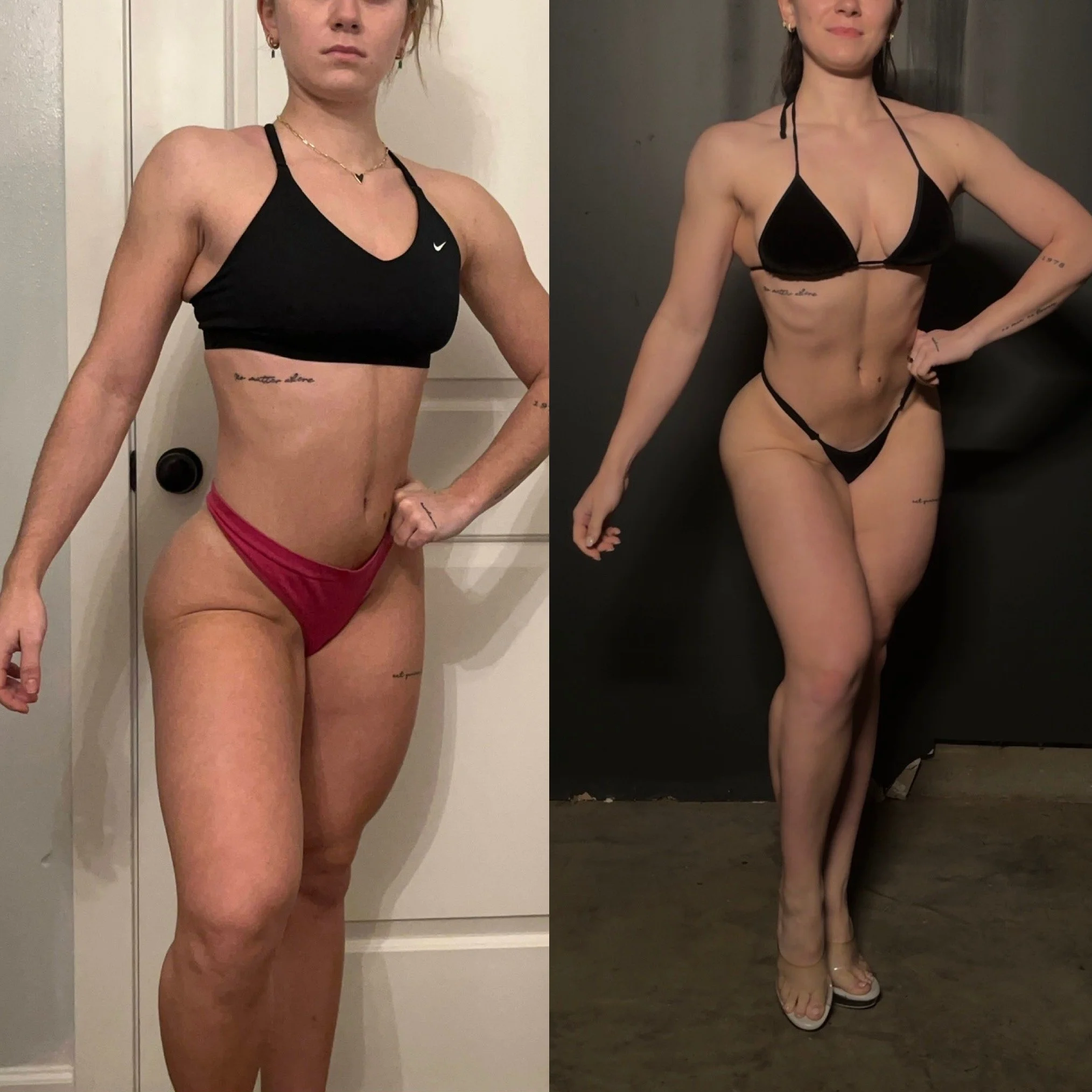 Side-by-side images of a fit woman with light skin before and after a physical transformation. In the first image, she is wearing a black sports bra and red bottoms, standing in front of a white door. In the second image, she is in black lingerie wit