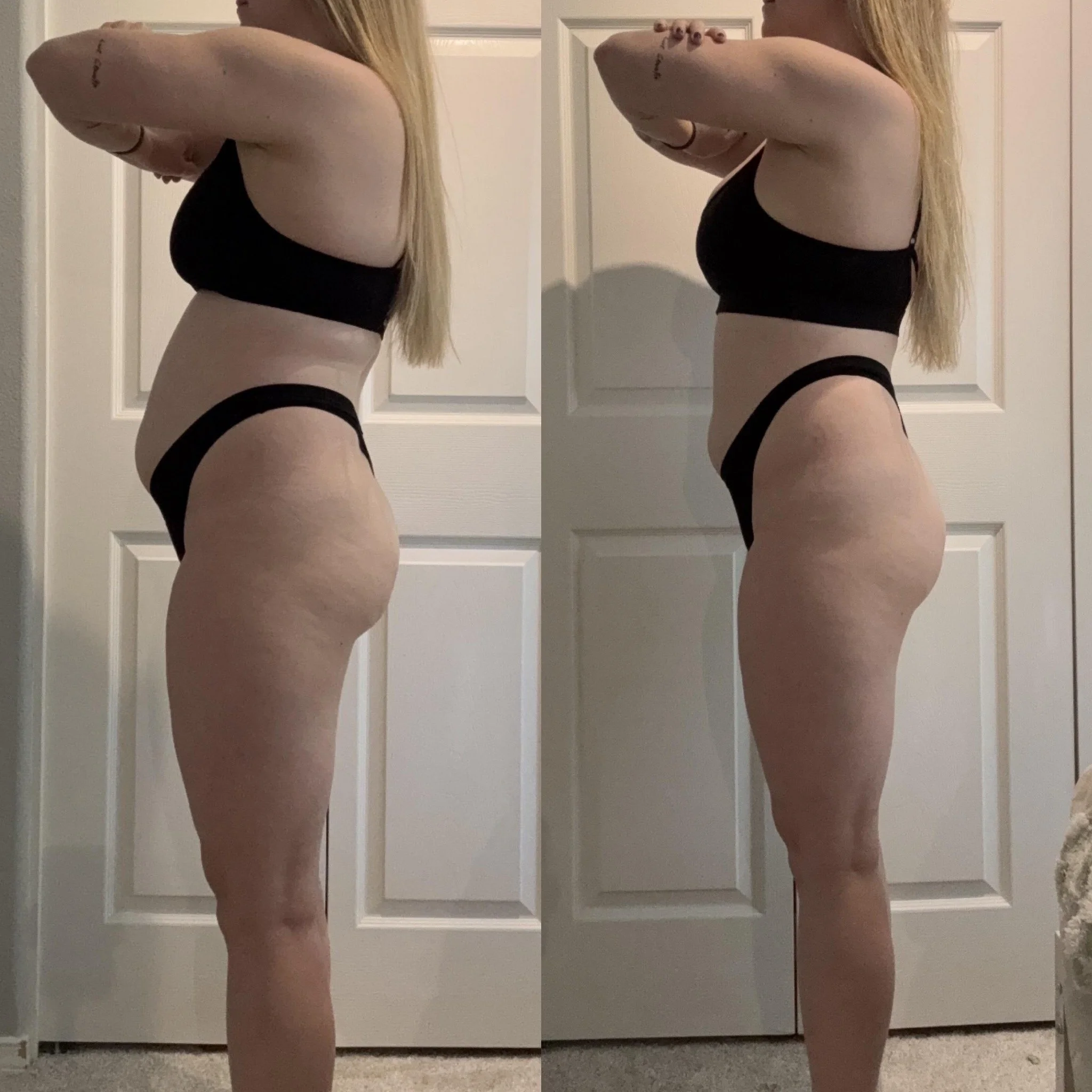 Side view of a woman with long blonde hair wearing black lingerie, standing in front of a white door, with her hands on her head and her face turned downward.