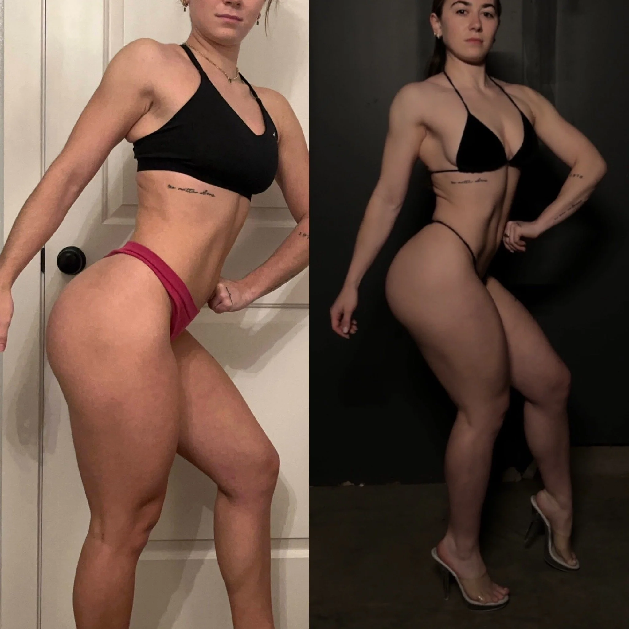 Comparison photo showing a woman in a black sports bra and red shorts on the left, and the same woman in lingerie and high heels on the right.