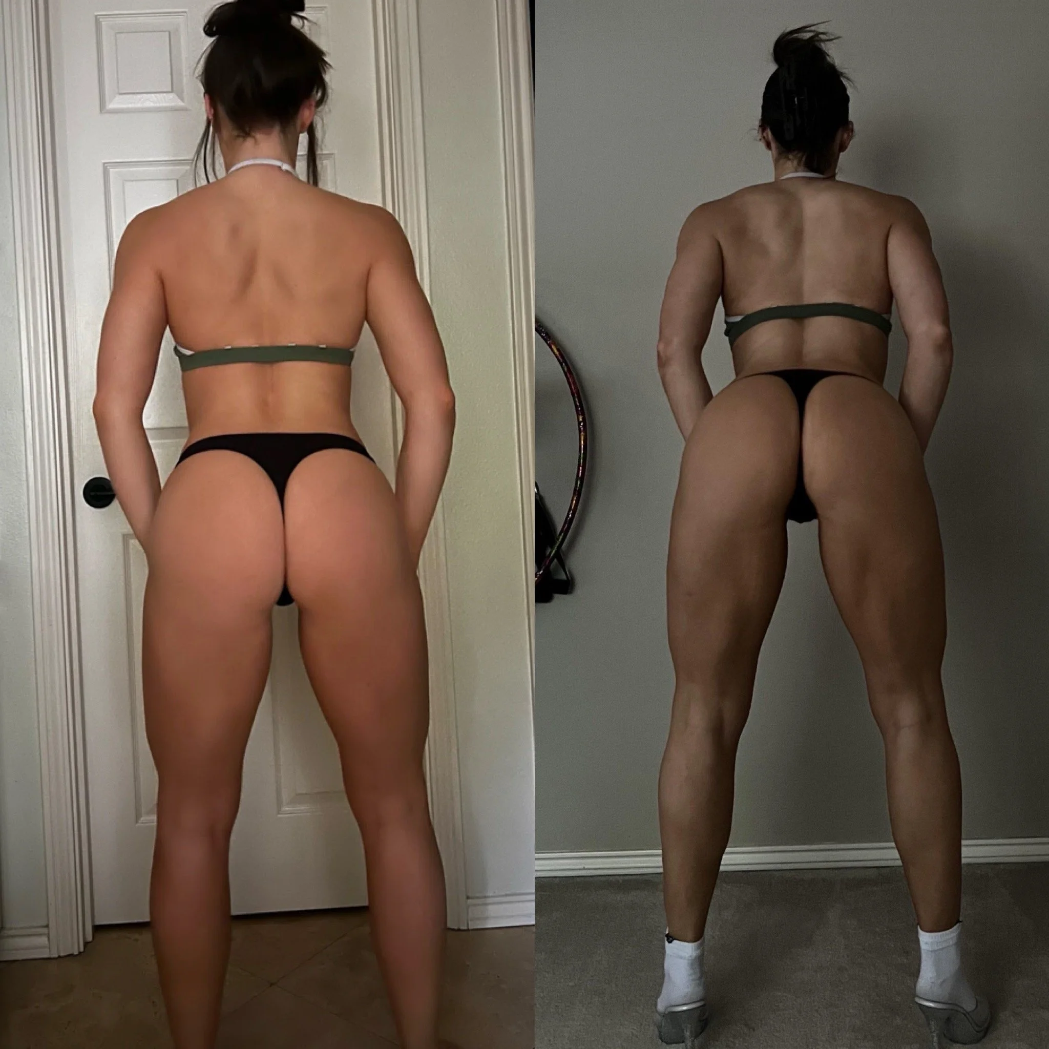 Side-by-side comparison of a woman from behind, showing her back, hips, and legs. She has dark hair styled in a messy bun, wearing black underwear and a white strap around her neck. In the left image, she is standing in front of a white door, while i